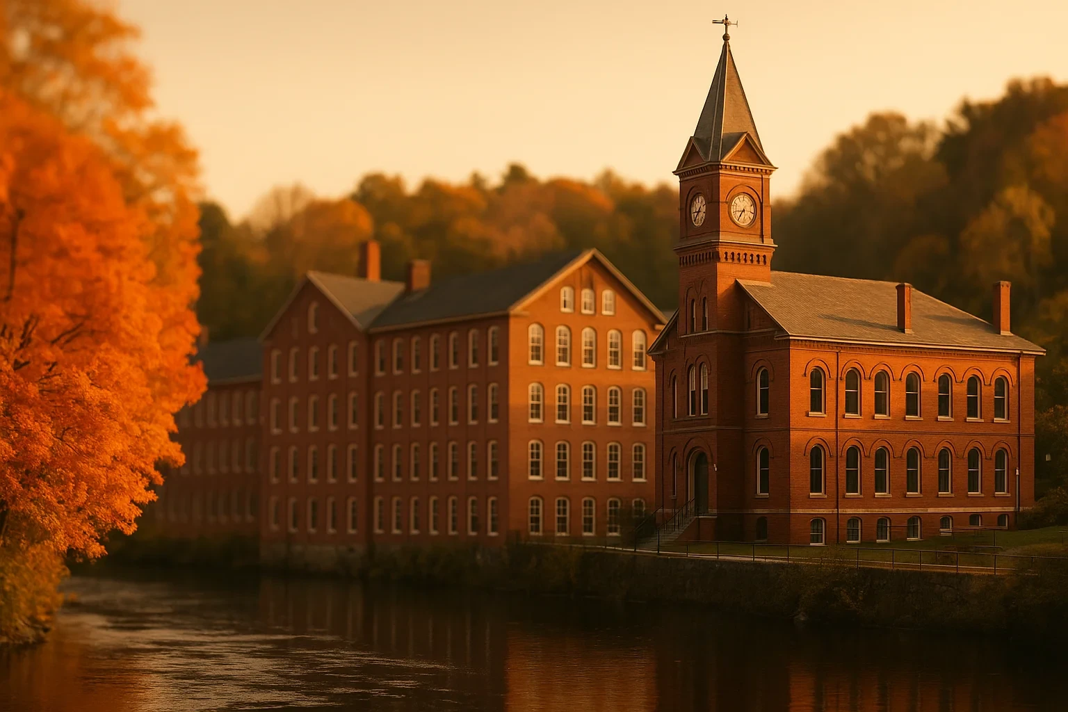 Historic red brick mill building with clock tower along a river surrounded by autumn foliage in Stafford Springs.