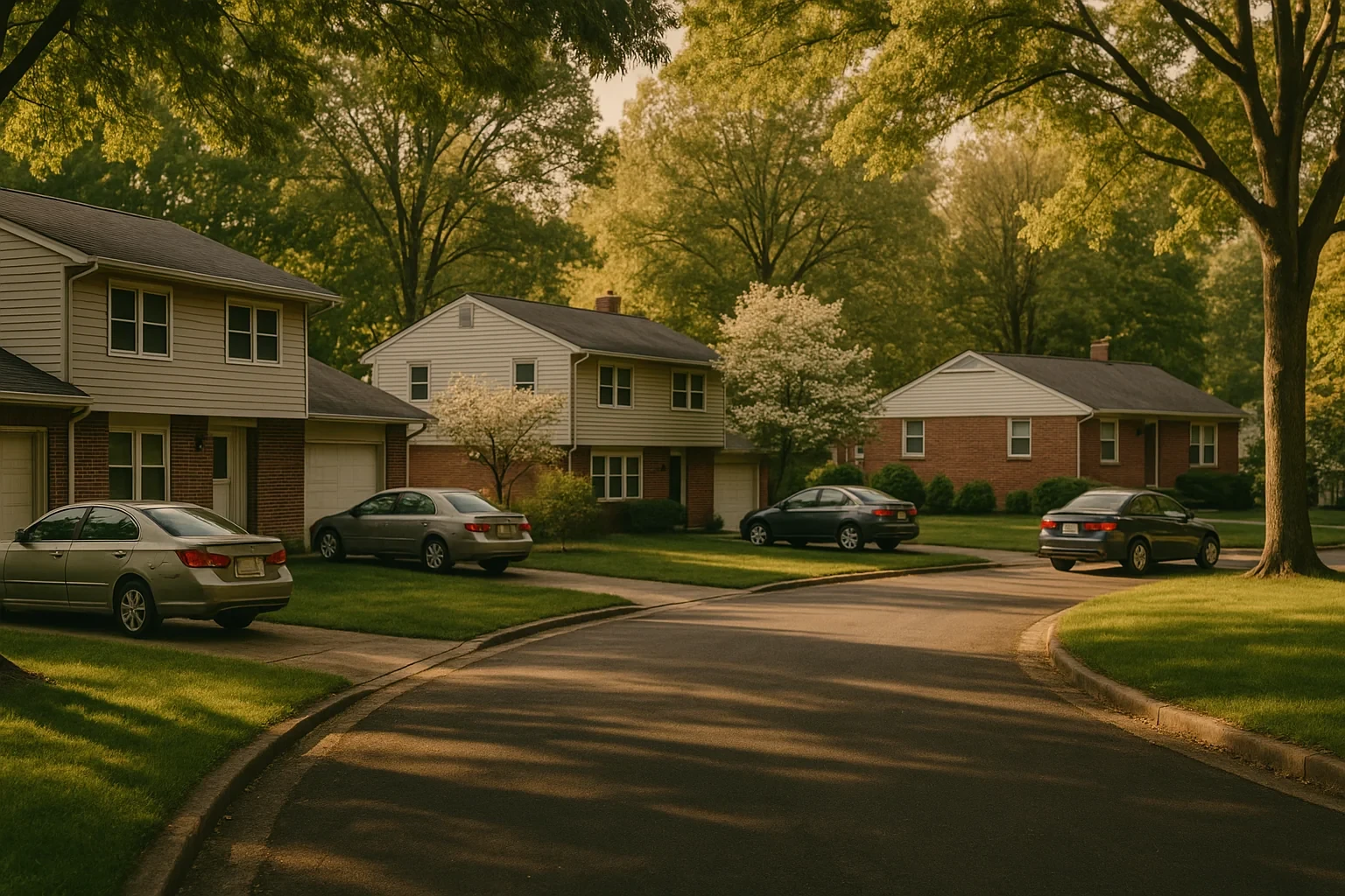 Suburban Marumsco neighborhood with two-story homes, parked sedans in driveways, and mature shade trees.