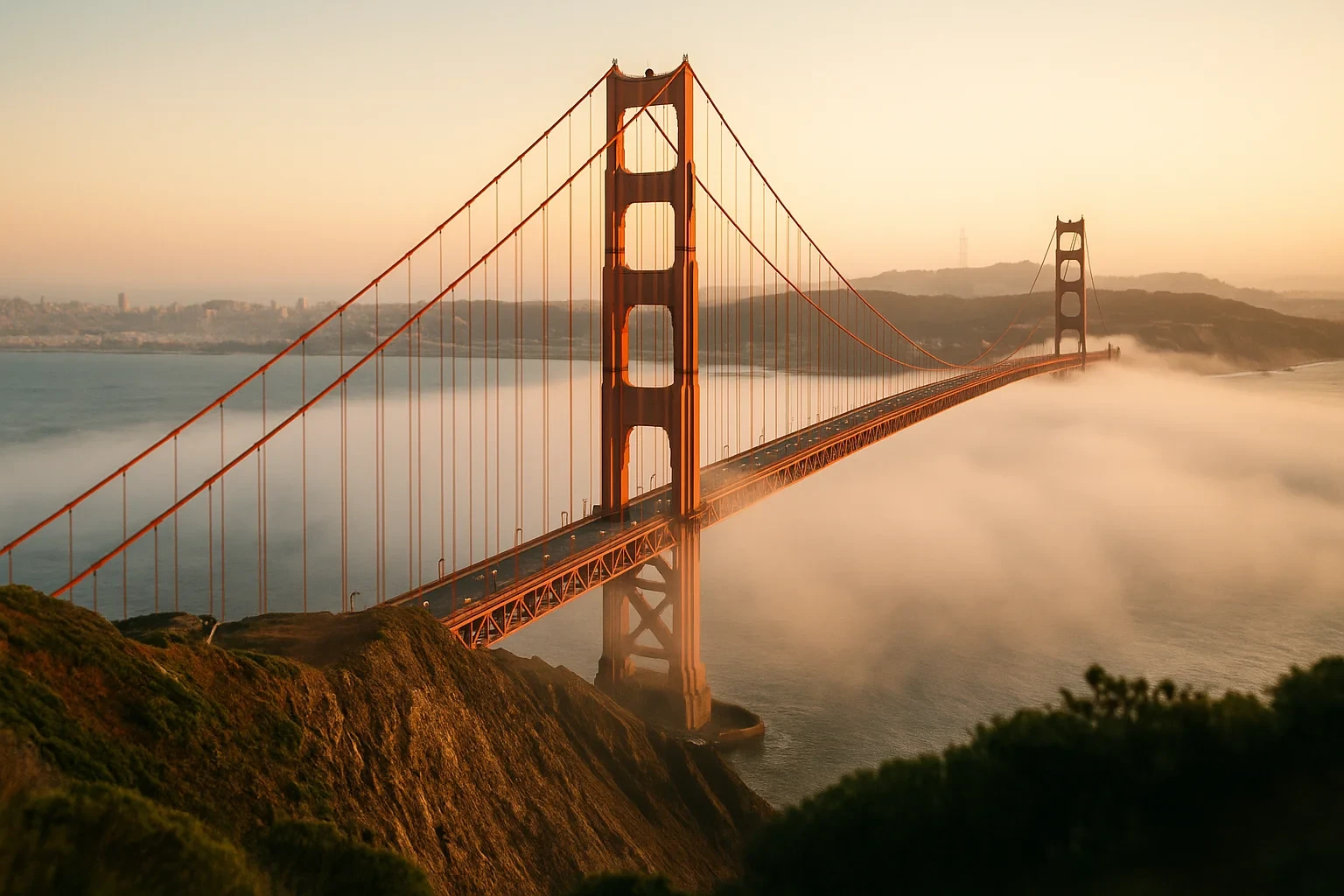 Golden Gate Bridge rising above low fog at sunrise with San Francisco skyline visible in the distance