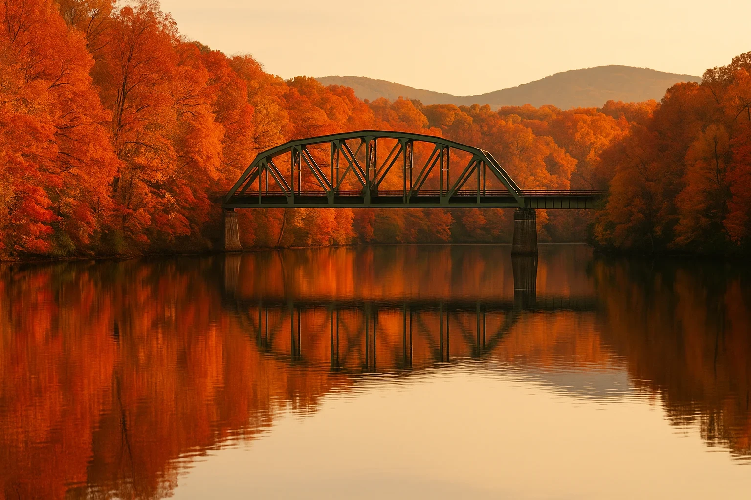 Steel truss bridge spanning calm river surrounded by vibrant autumn foliage and rolling hills near West Springfield
