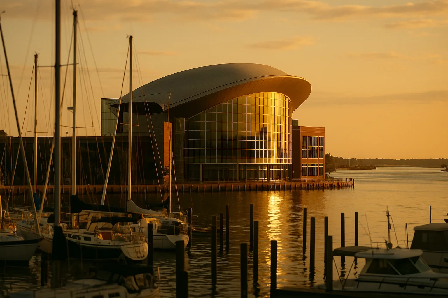 Sunset over the Hampton waterfront marina with sailboats docked near a curved-roof glass building.