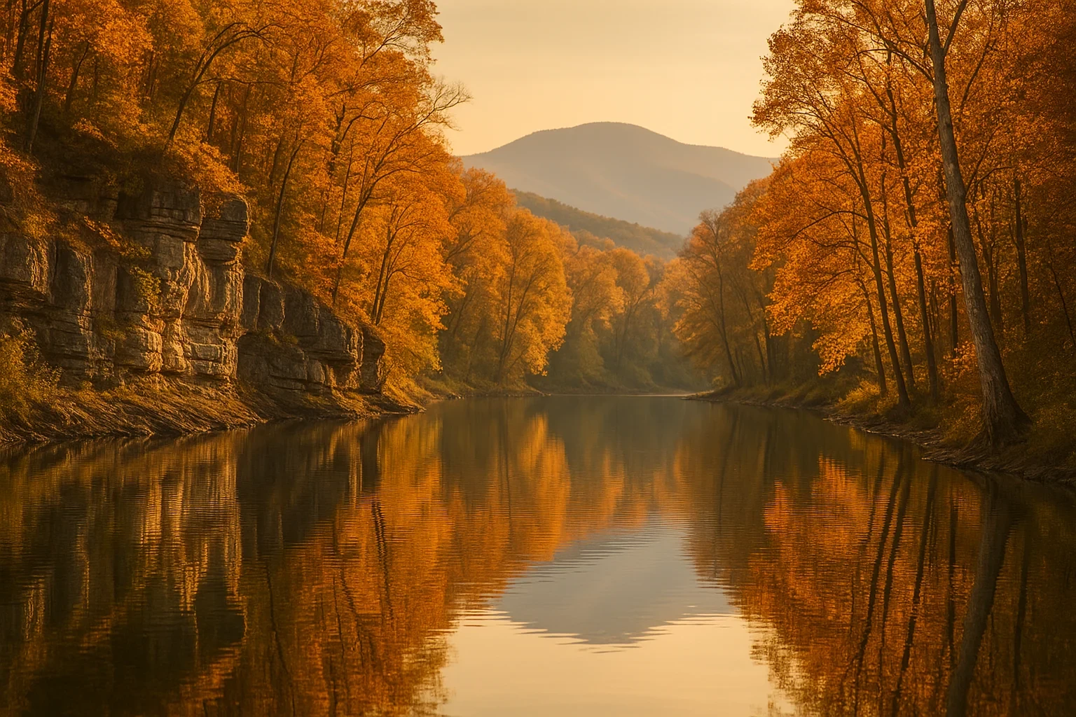 Tranquil river reflecting autumn foliage and distant mountains near Bridgewater on a golden fall evening