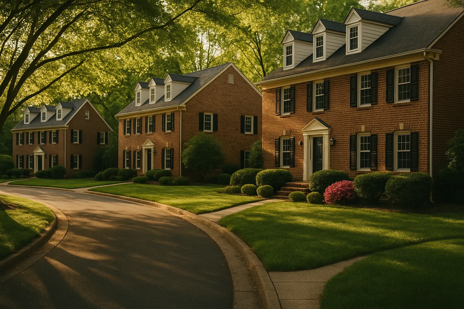Brick colonial homes with black shutters and dormer windows line a tree-shaded street in Floris.