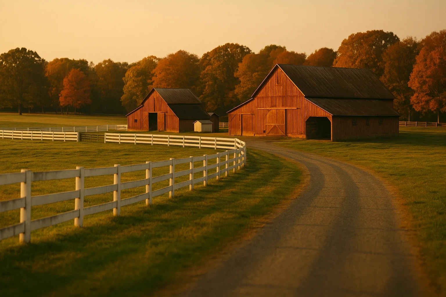 Rustic red barns and white wooden fence line a dirt path at golden hour in Floris's countryside