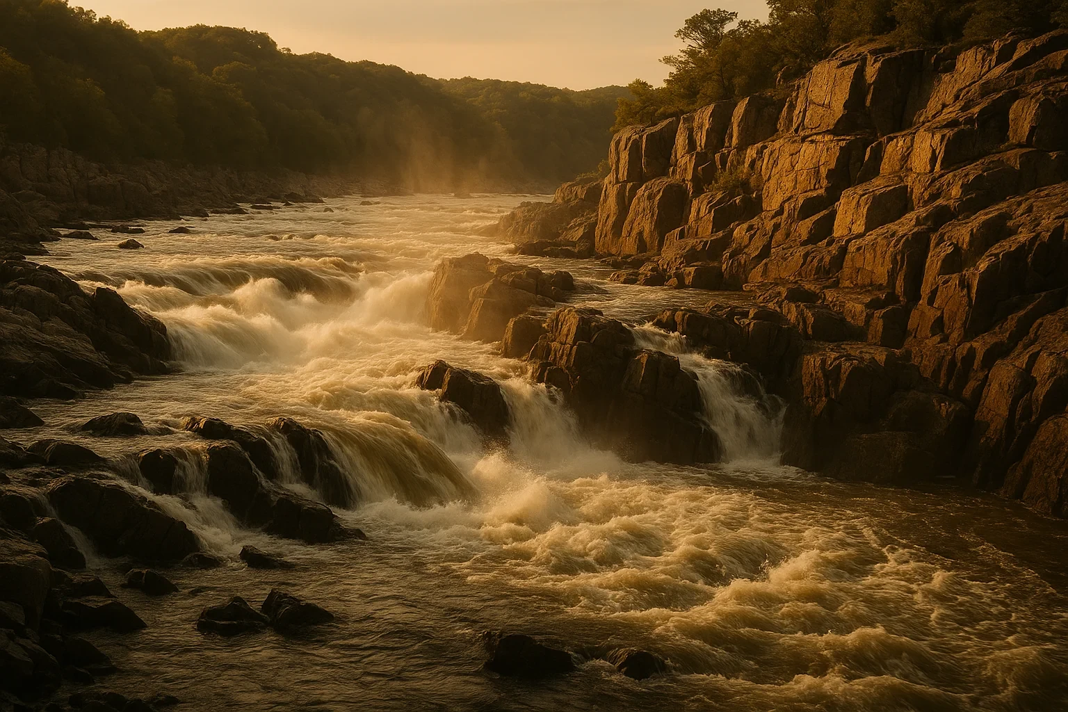 Rushing river cascading over rocky cliffs at golden hour near Cascades, with misty forested hills beyond