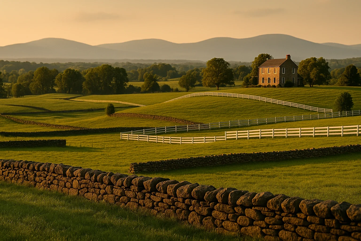 Rolling green pastures with white fences, stone walls, and a historic farmhouse against Dulles Town Center mountains at sunset