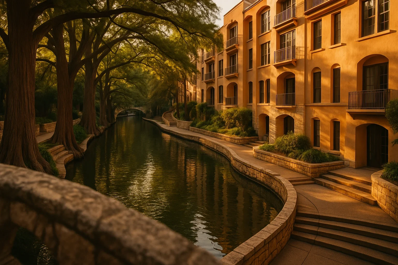 Scenic San Antonio Riverwalk at golden hour with cypress trees lining the canal beside warm stucco buildings