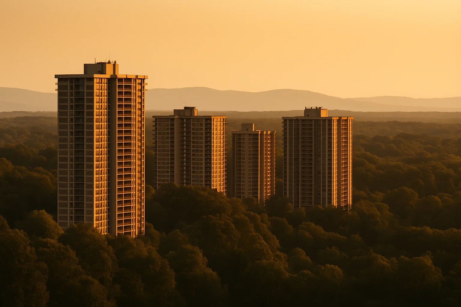 High-rise apartment towers rising above a forested landscape at golden hour in Lincolnia with distant mountains