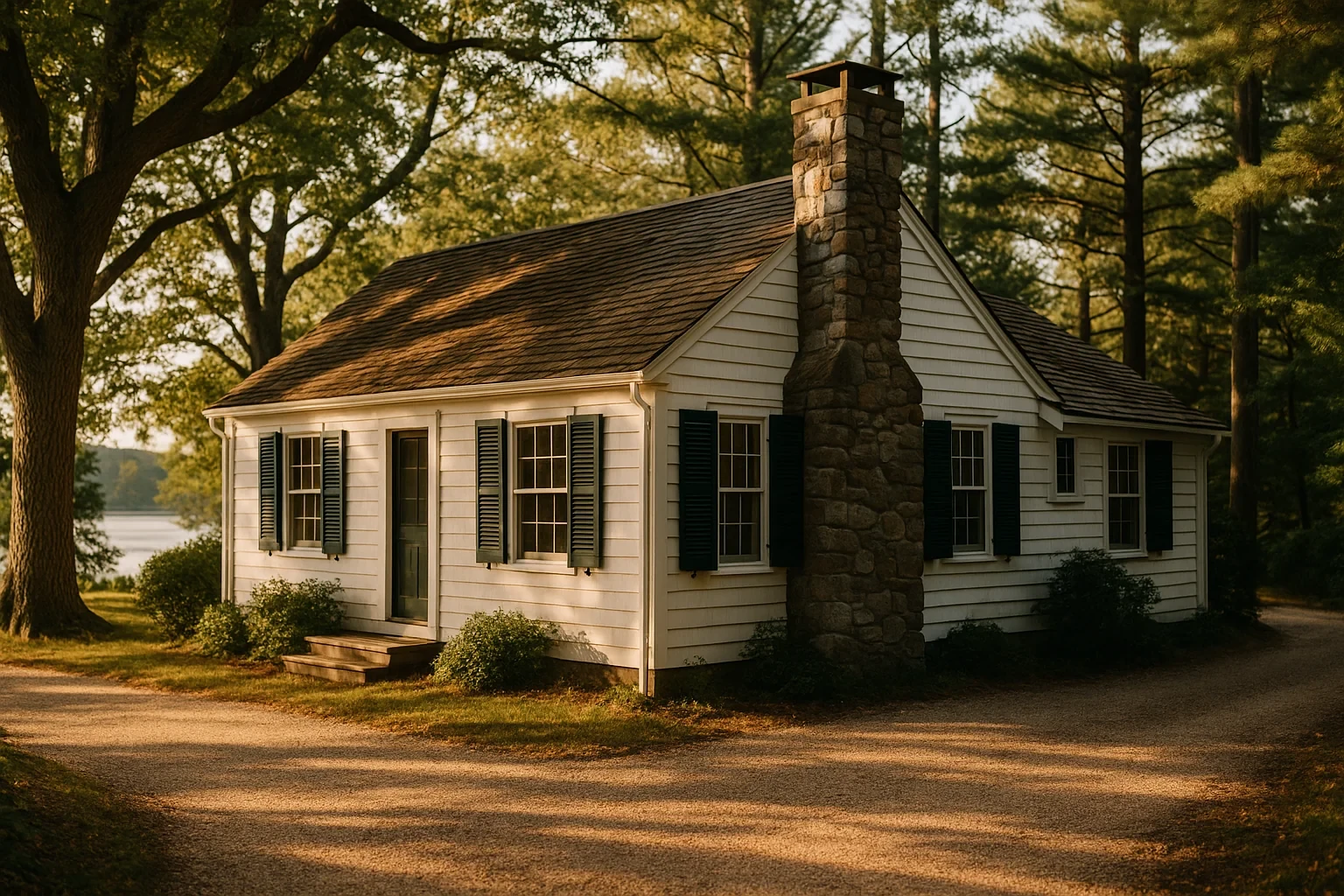 Charming white cottage with stone chimney and dark shutters nestled among trees near the lake in Lake Pocotopaug