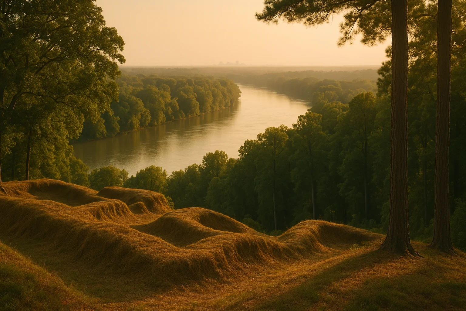 Golden sunset over a winding river and lush forested landscape near Bellwood, viewed from grassy bluffs.
