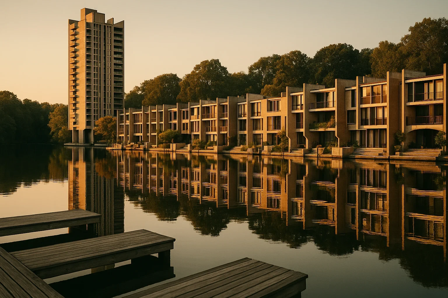 Brutalist lakeside townhomes and high-rise tower reflected in calm water at sunset in Reston