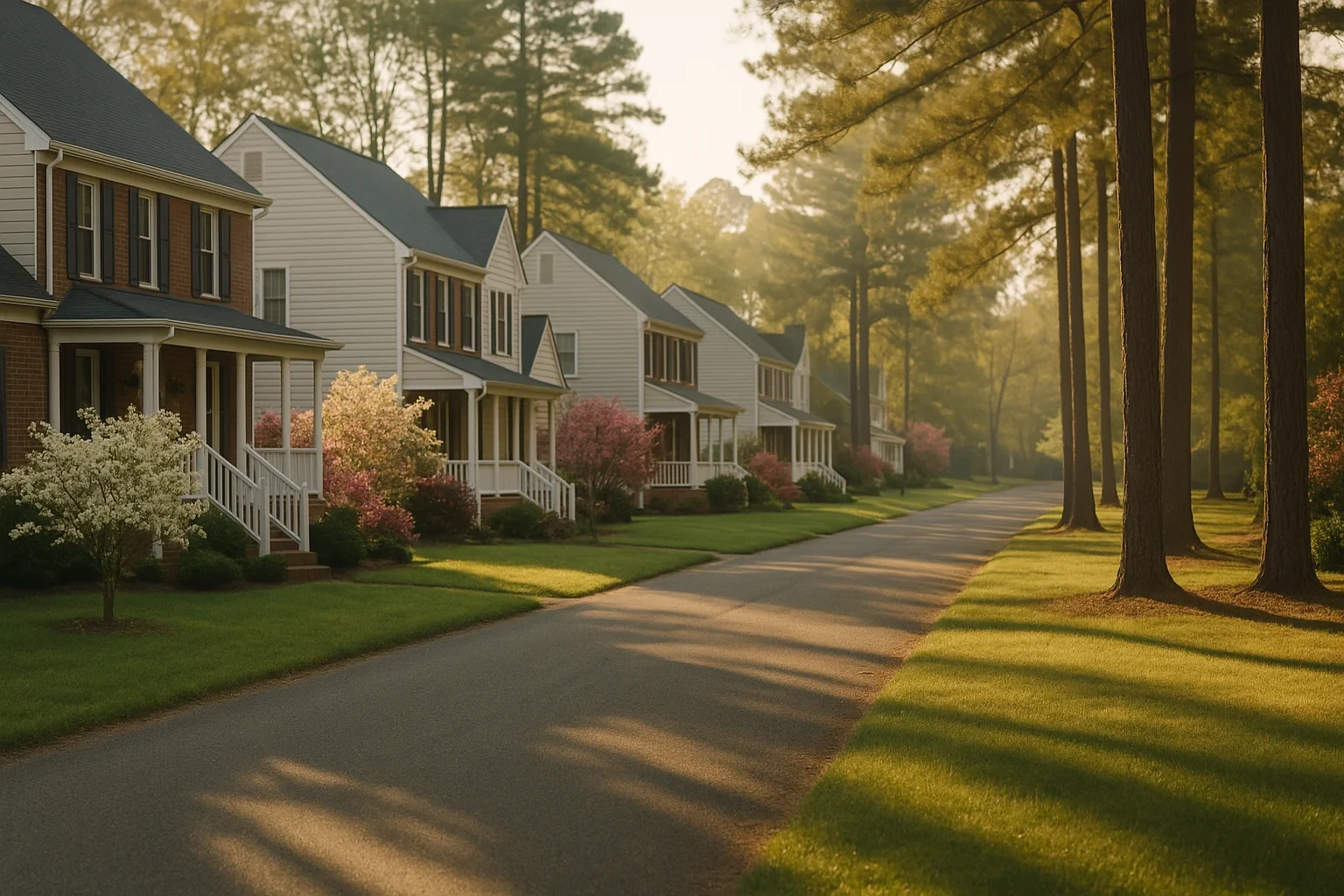 Tree-lined residential street with white colonial homes and blooming dogwoods in Mechanicsville at golden hour