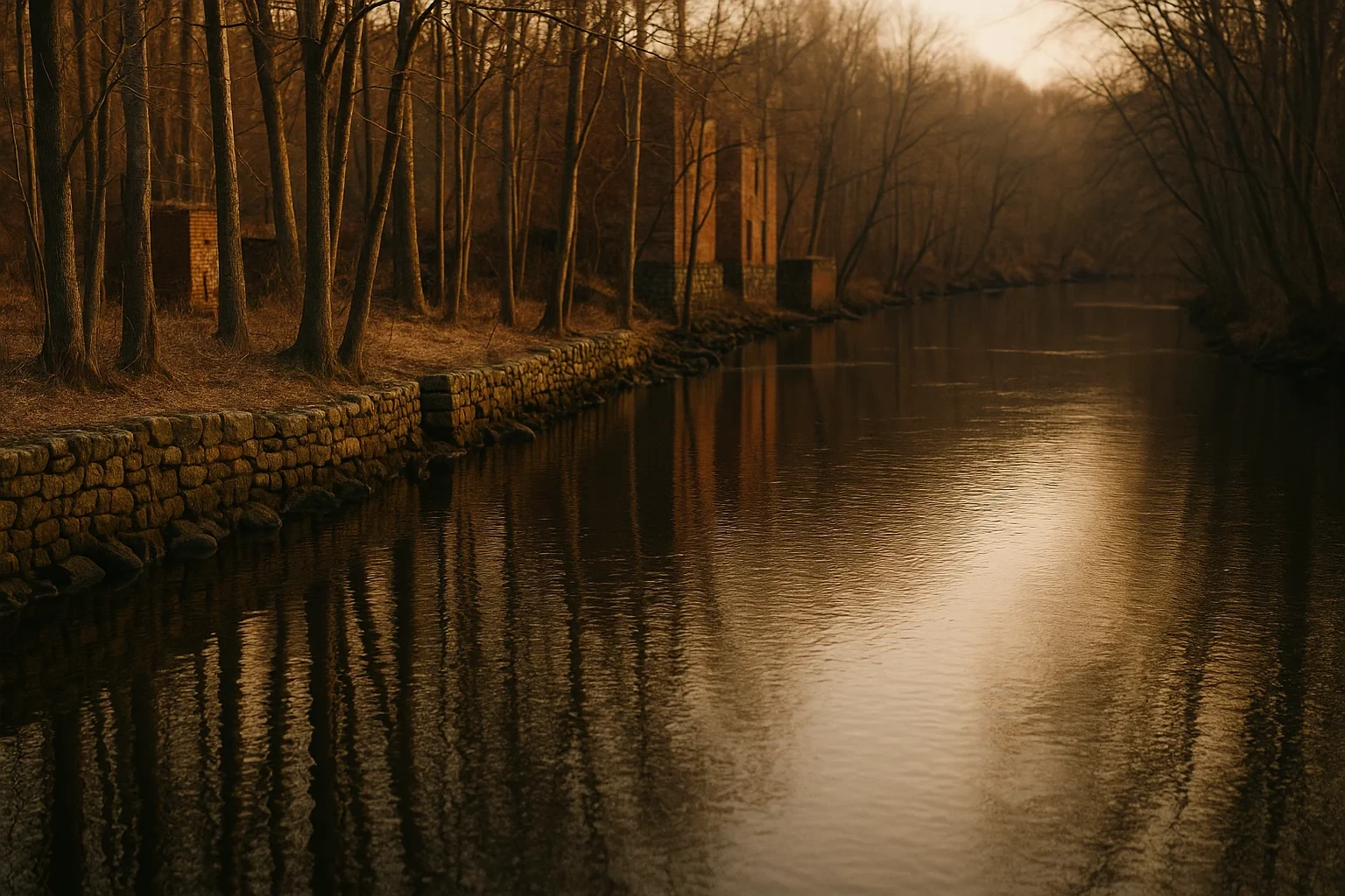 Tranquil river at golden hour with stone retaining wall and bare trees lining the banks near Southwood Acres