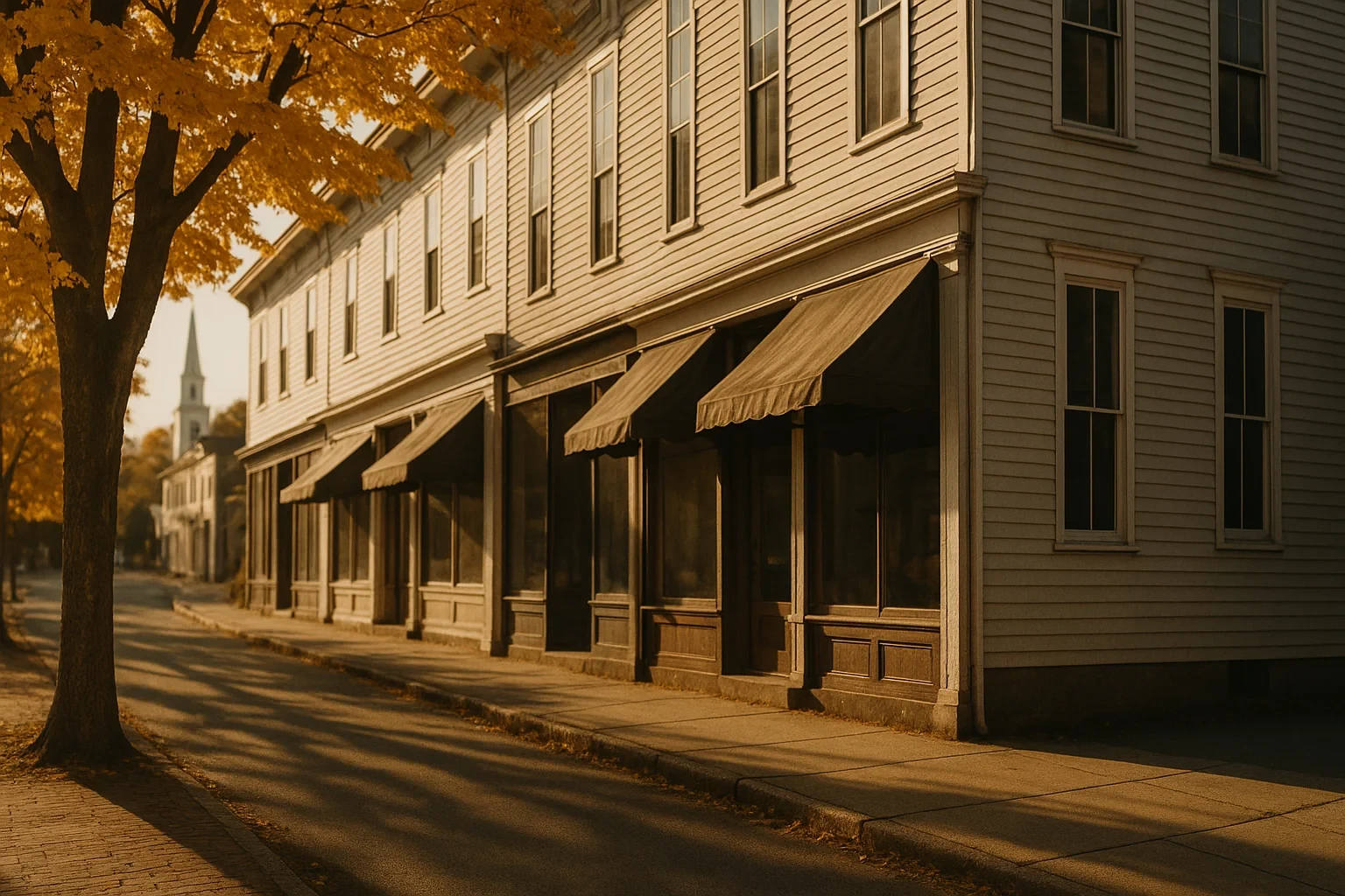 Historic clapboard storefronts with awnings line a quiet Moosup street in warm autumn morning light