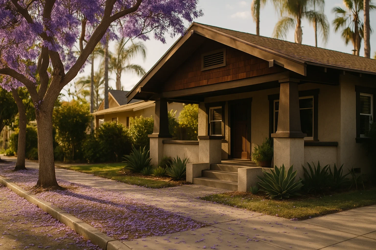 Craftsman bungalow with jacaranda blossoms and palm trees in a San Diego neighborhood at golden hour