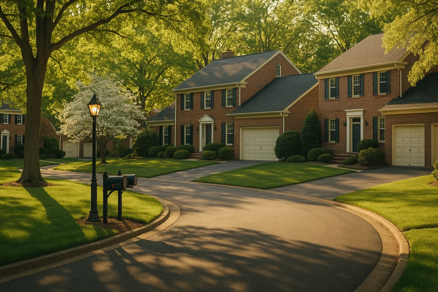 Tree-lined street with brick colonial homes, manicured lawns, and a lamppost mailbox in Sudley