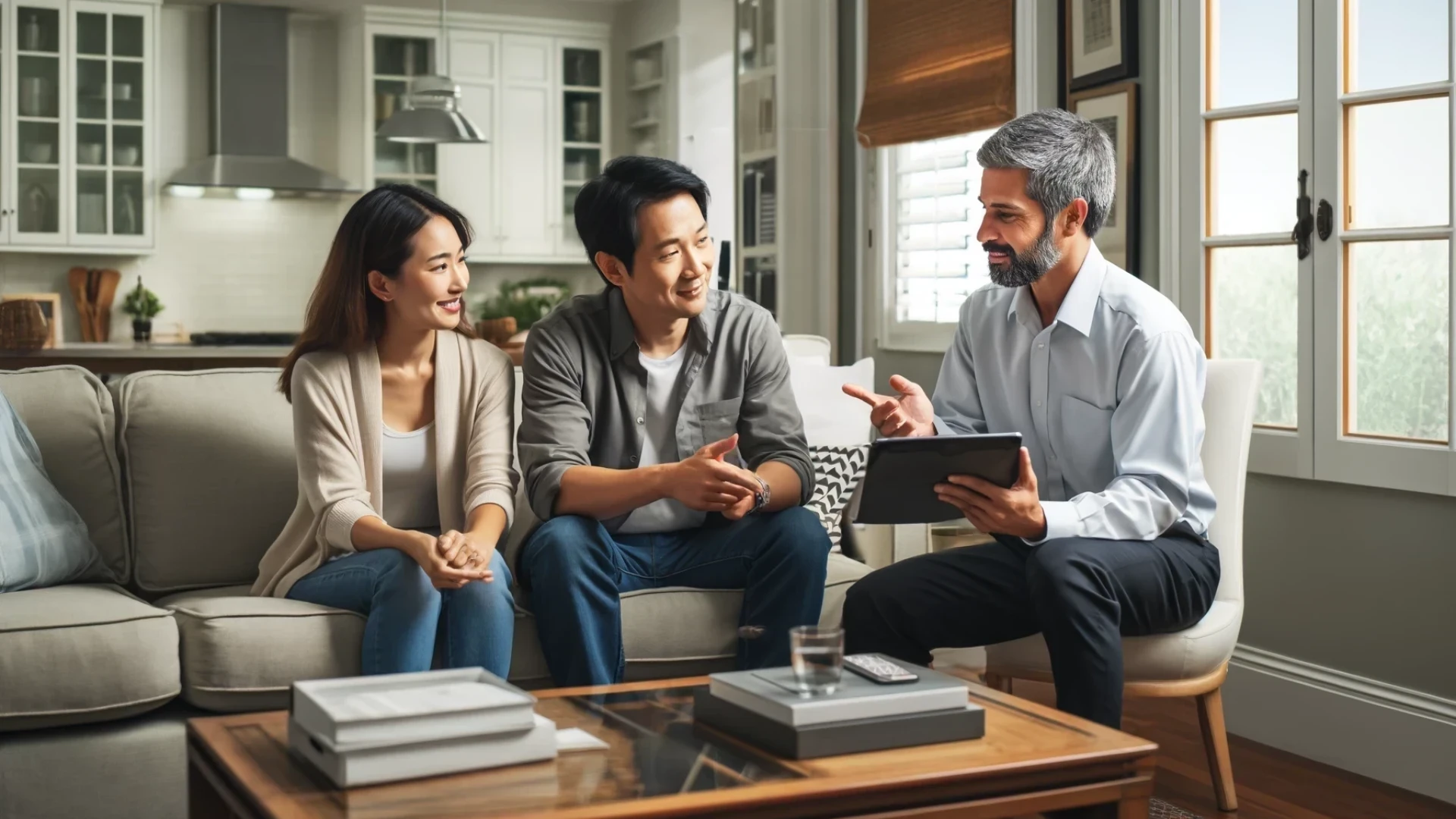 A couple discuss HVAC options with a professional to enhance their home's energy efficiency.