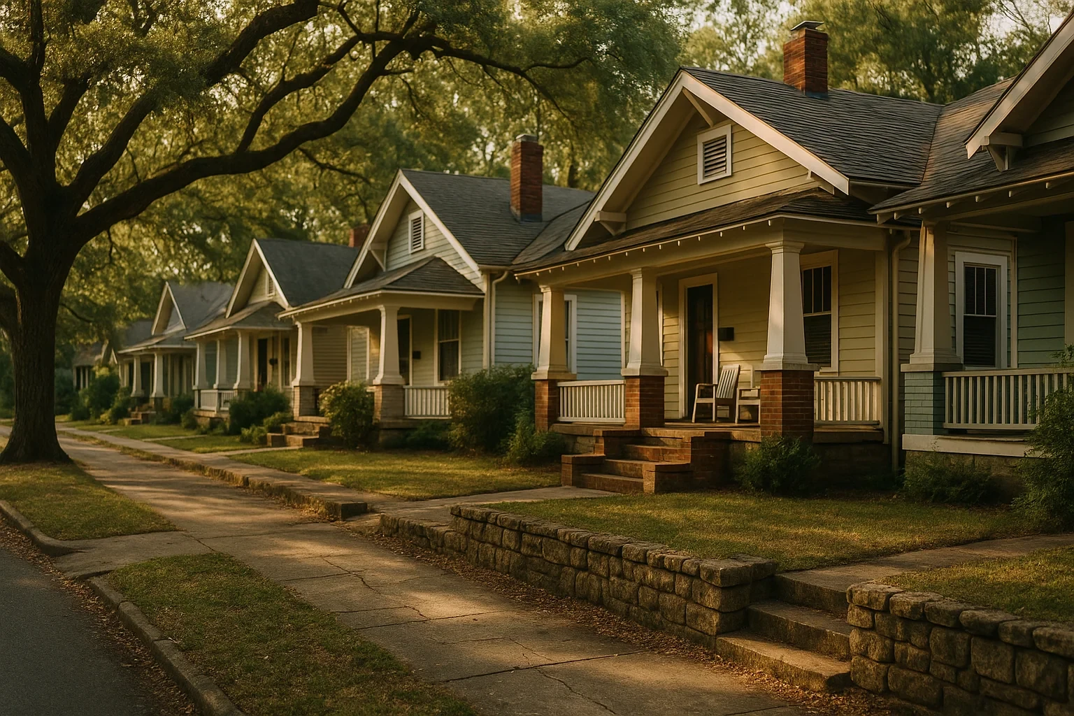 Row of craftsman bungalow homes with front porches and mature shade trees along a Radford neighborhood street