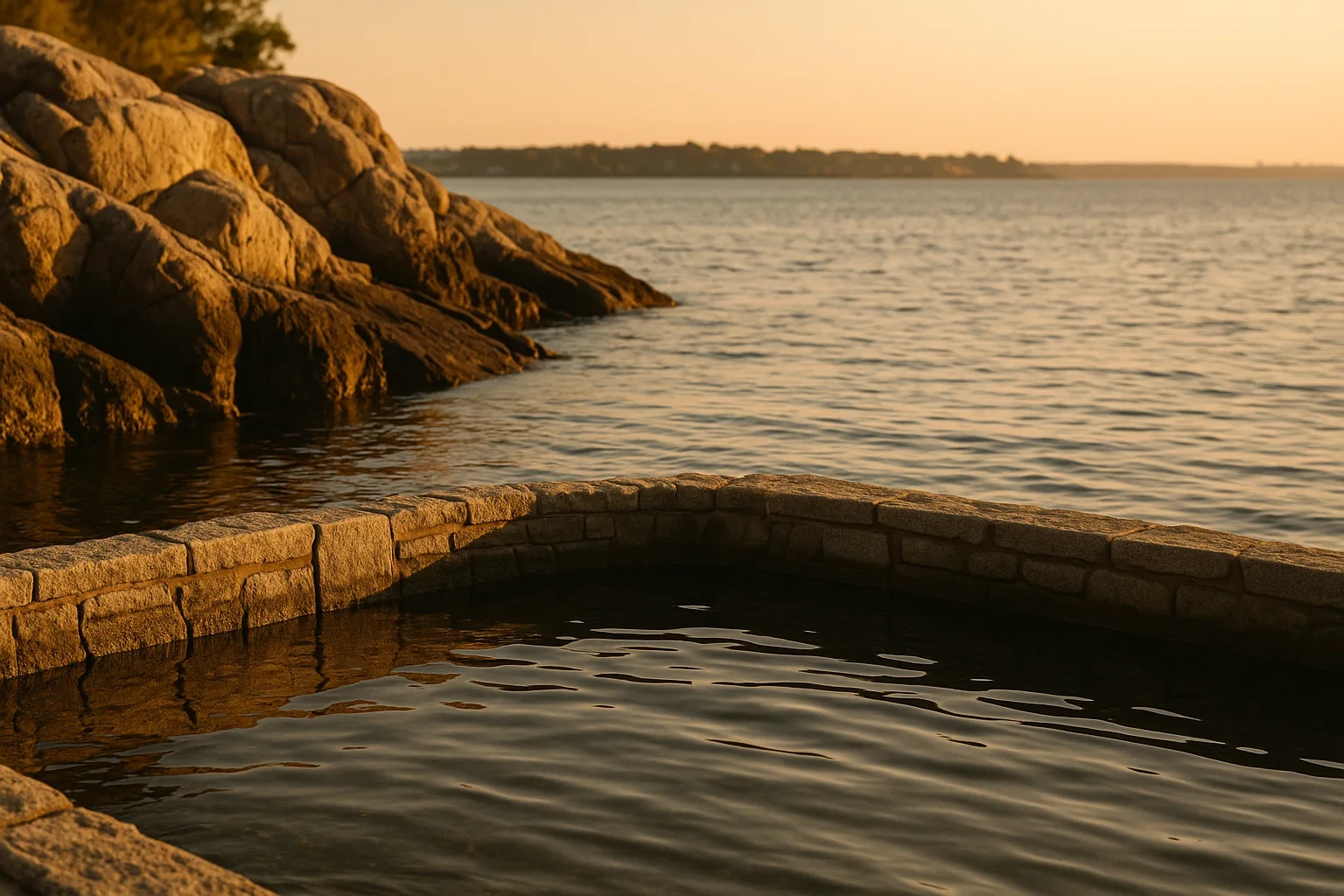 Stone-walled tidal pool beside rocky coastline overlooking calm waters at sunset in Byram