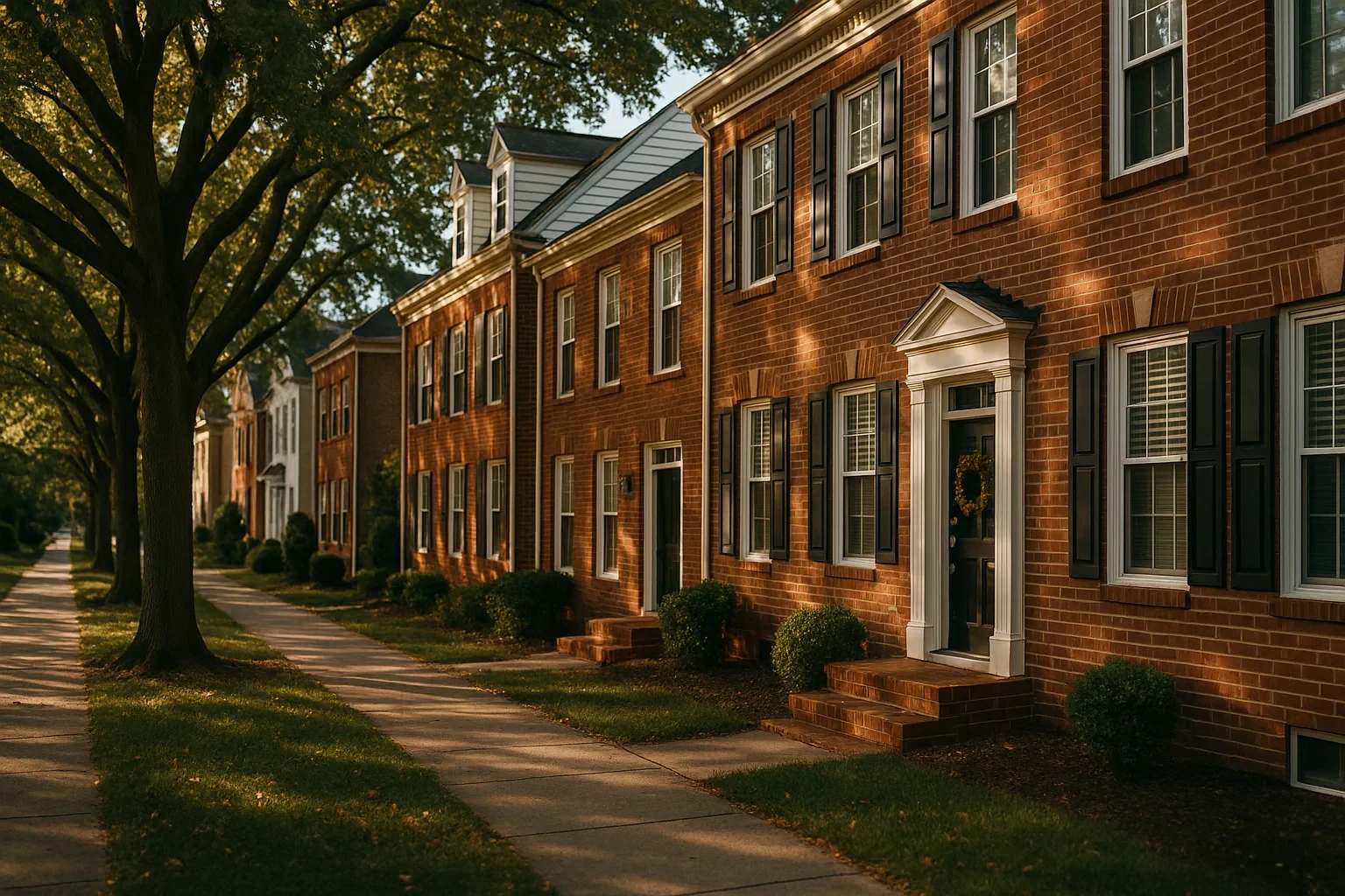 Row of brick colonial townhomes with black shutters along a tree-lined sidewalk in Potomac Mills at golden hour