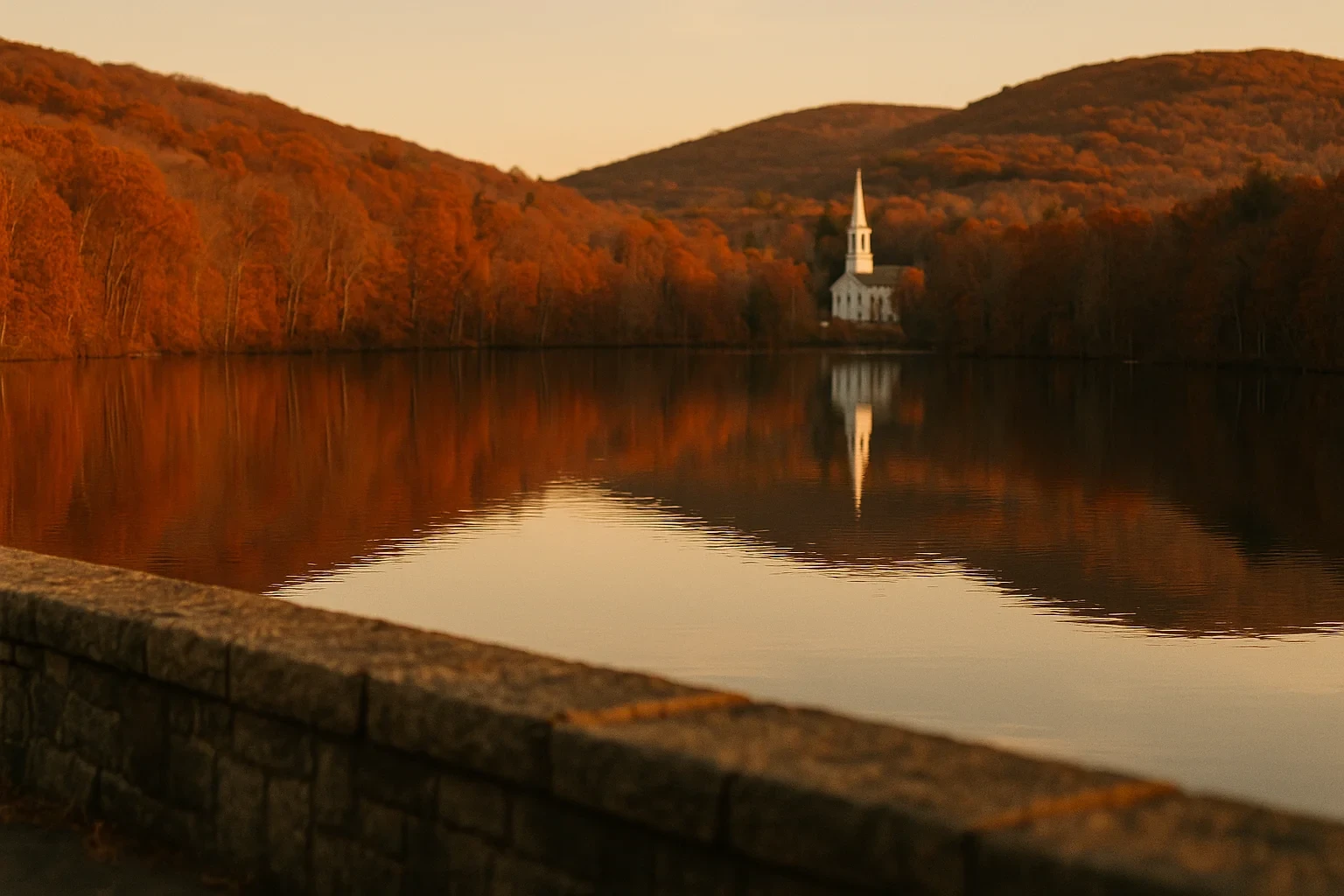 Autumn sunset over a tranquil lake reflecting a white steepled church and foliage-covered hills in Rockville.