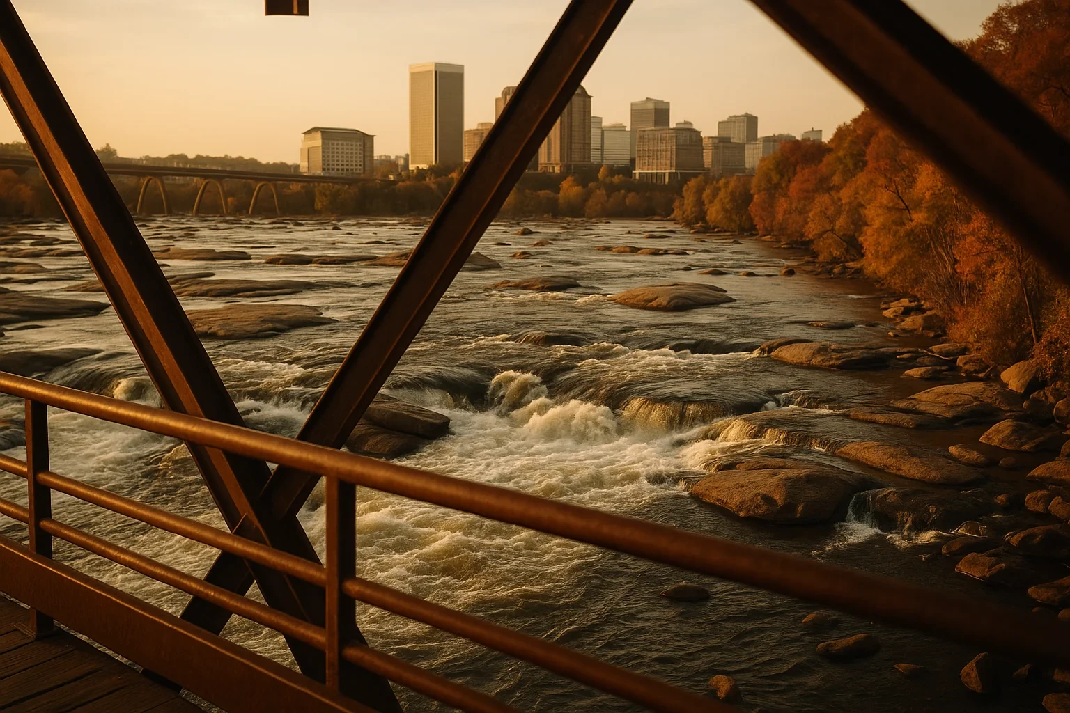 Sunset view of Richmond skyline from a steel truss bridge over the rocky James River with autumn trees