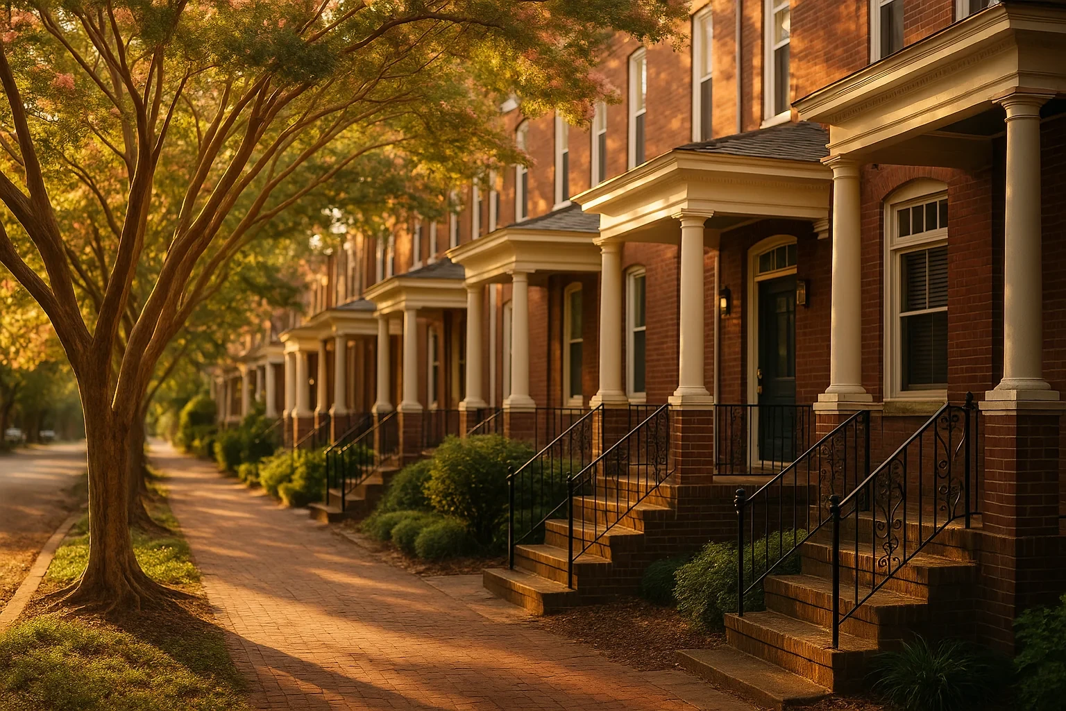 Historic brick row houses with white columned porches and wrought iron railings line a tree-shaded Norfolk street.