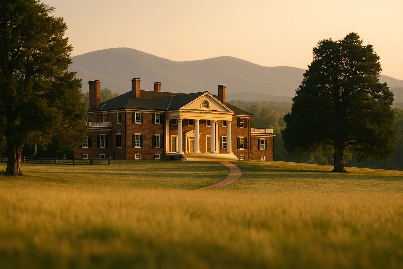 Historic brick mansion with white columns and Blue Ridge mountains at sunset near Orange homes