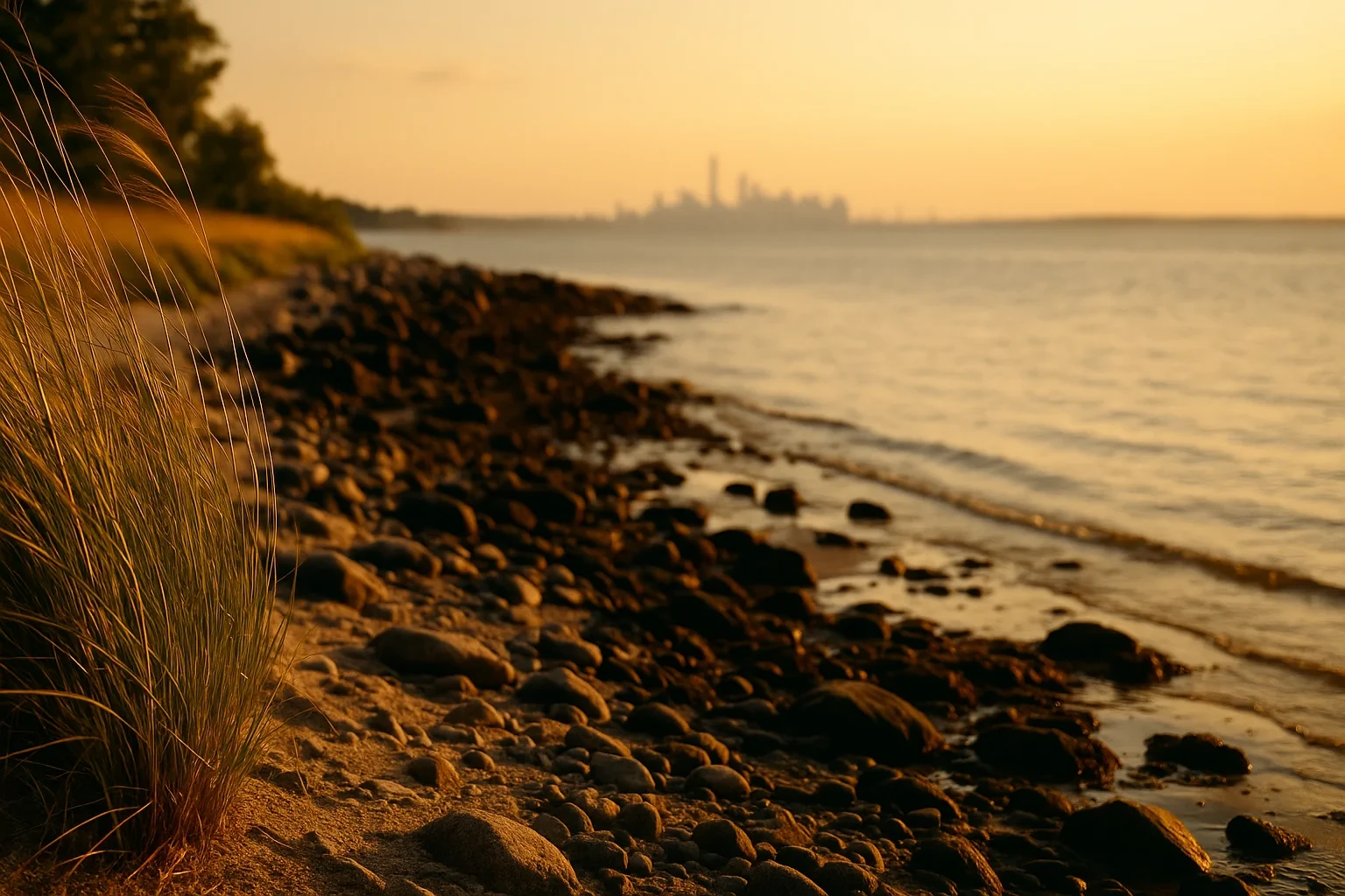 Rocky shoreline with dune grass at sunset overlooking calm water and distant city skyline near Old Greenwich