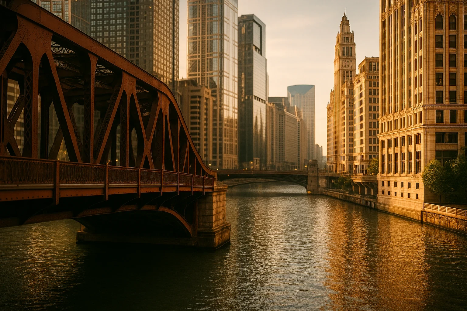 Golden hour view of Chicago river with steel truss bridge and downtown skyscrapers lining the waterway