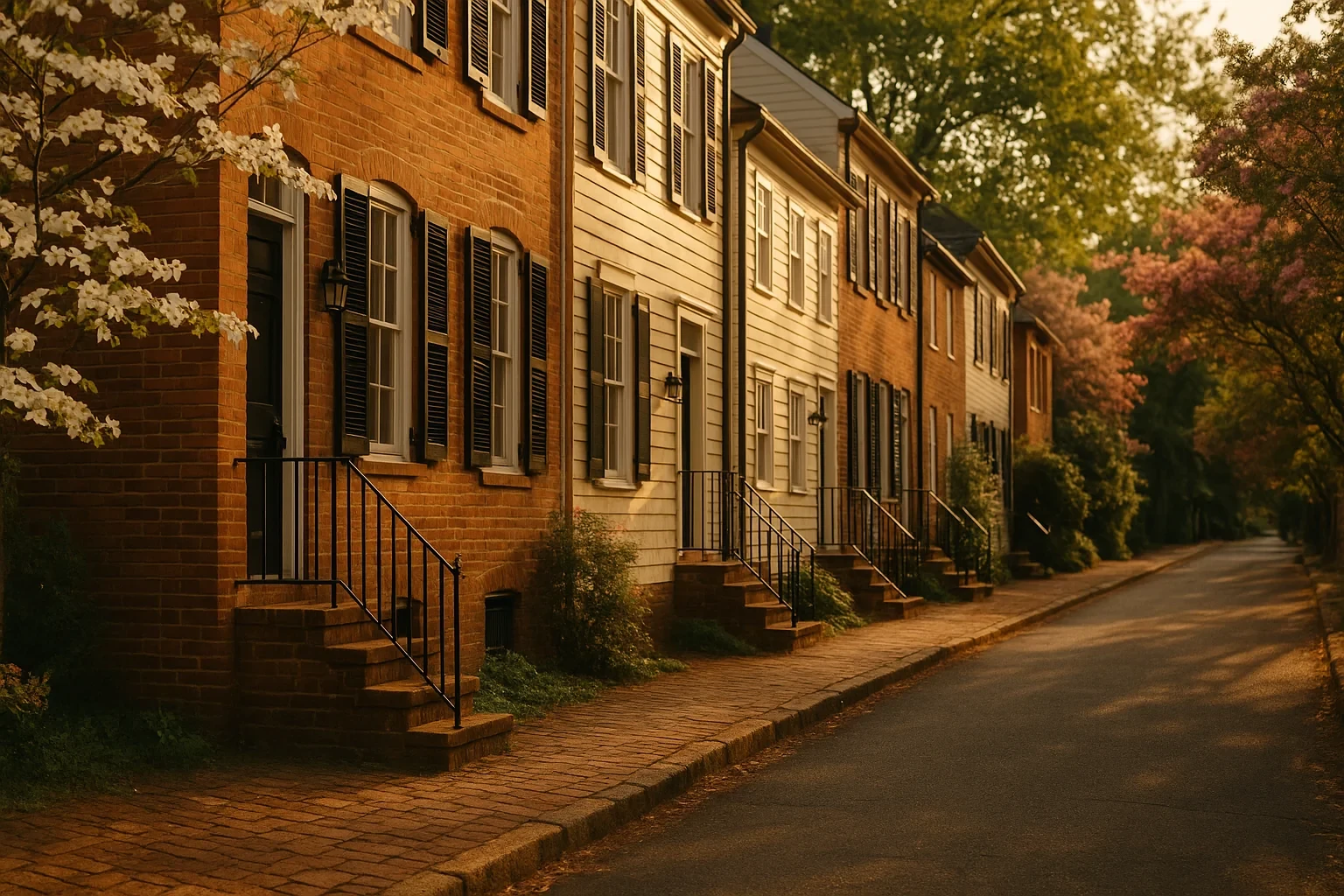Historic brick and clapboard row houses with black shutters along a tree-lined street in Leesburg.