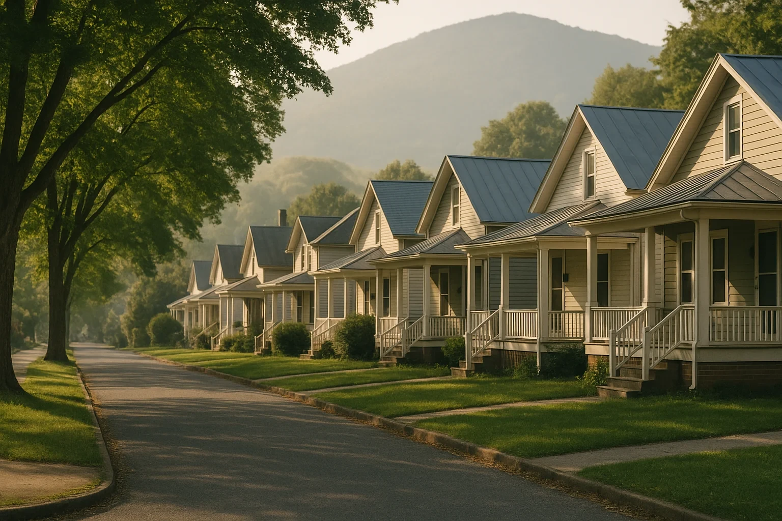Row of charming white cottages with porches lining a quiet tree-shaded street near mountains in Covington