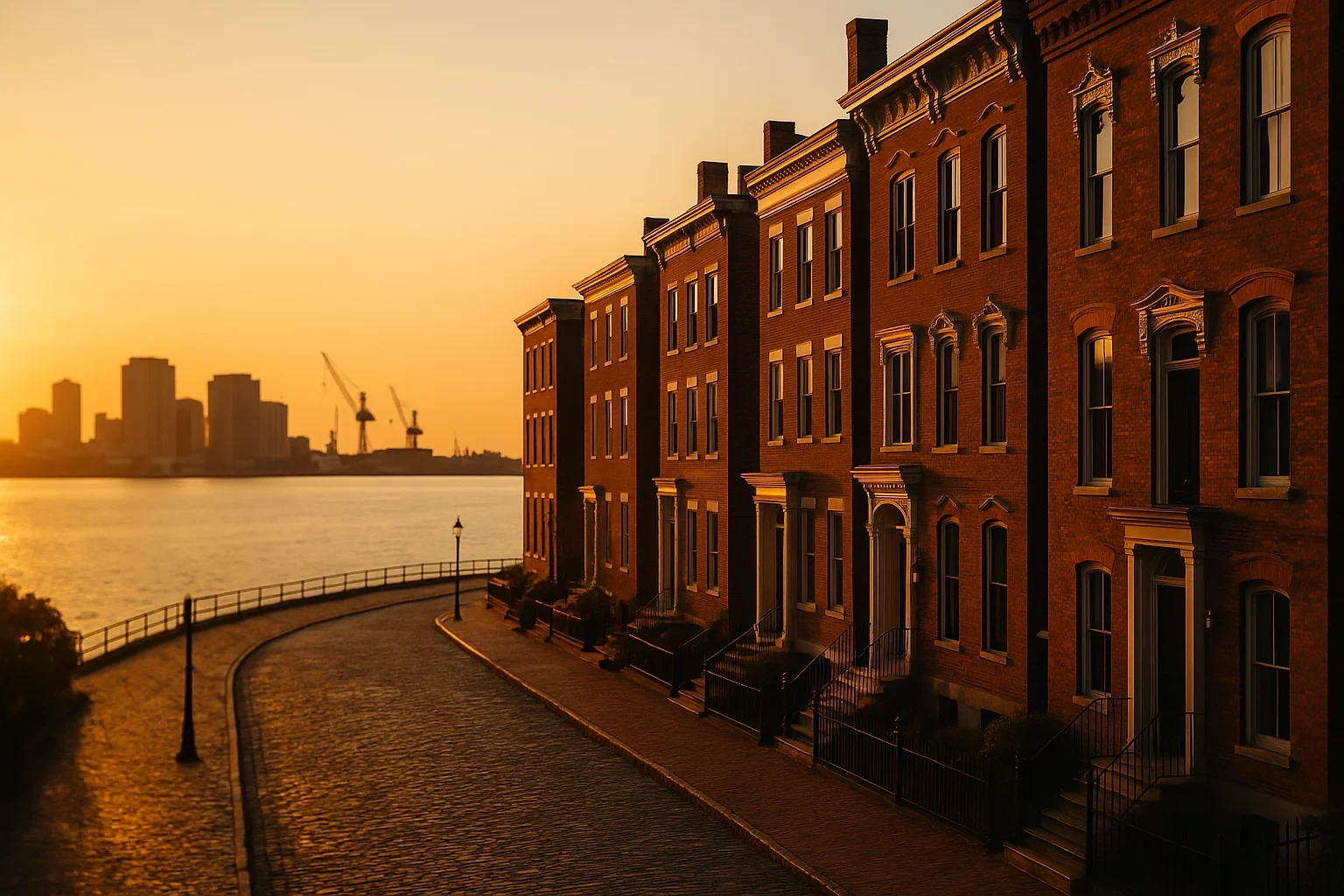 Historic brick row houses line a cobblestone waterfront street at golden sunset in Portsmouth.