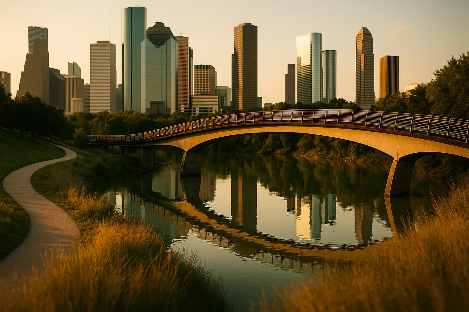 Houston downtown skyline at golden hour with arched pedestrian bridge over calm river and walking path