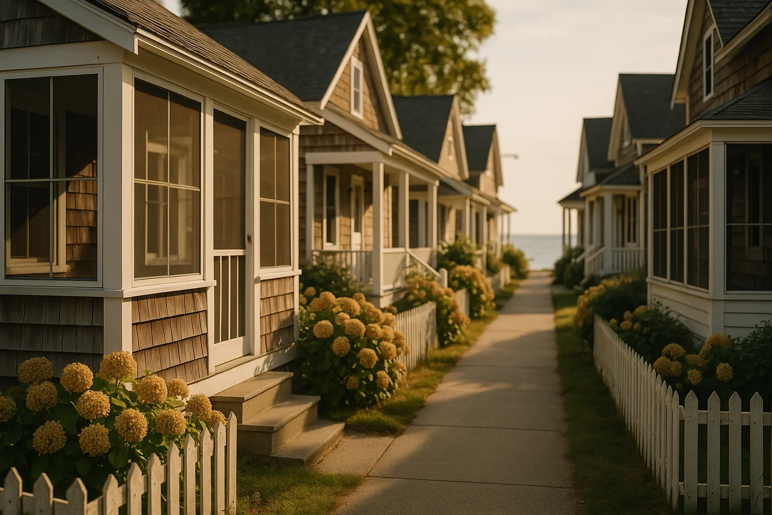 Row of shingled coastal cottages with screened porches and hydrangeas lining a seaside path in Milford city