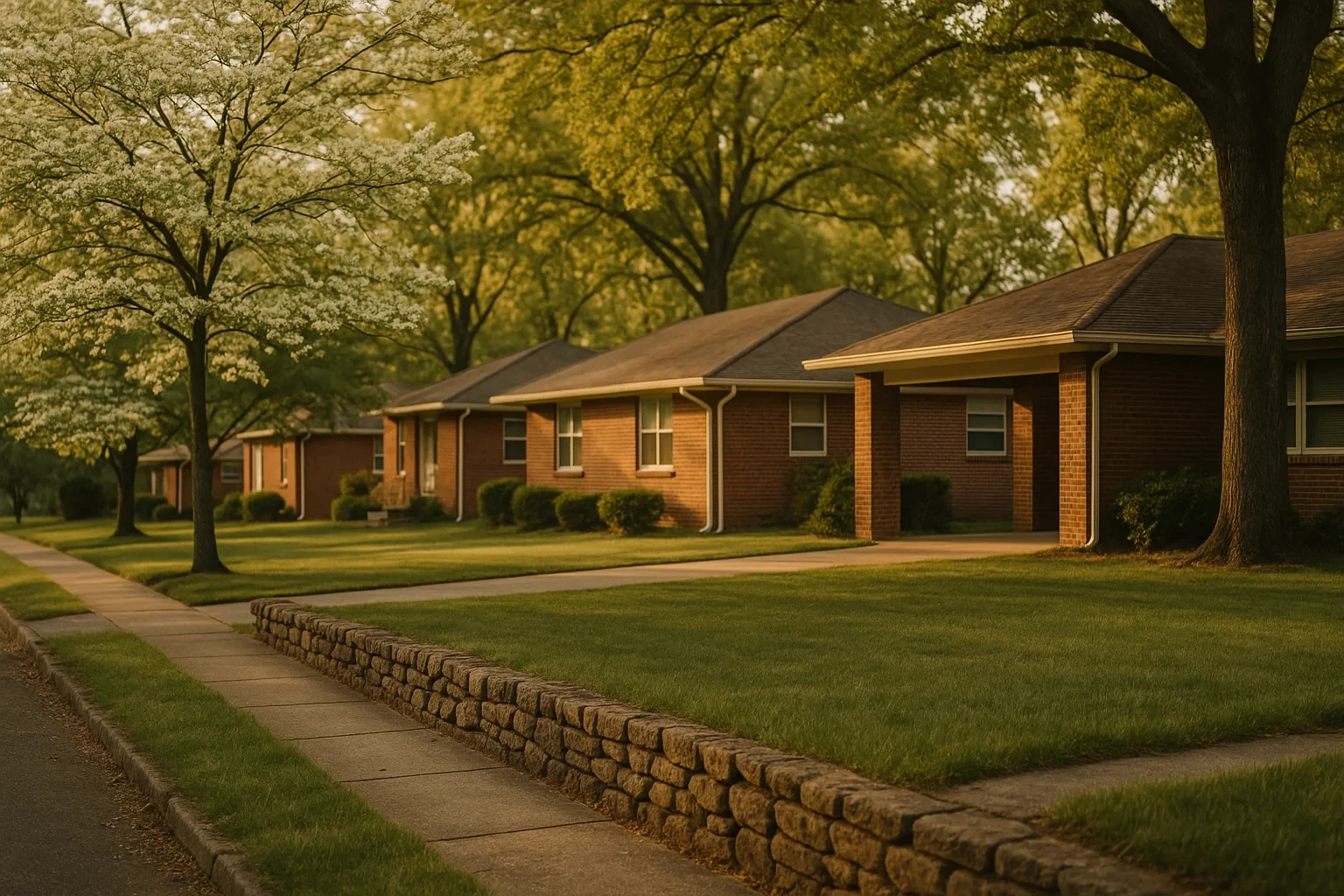 Brick ranch homes line a tree-shaded street with stone retaining wall and sidewalk in Collinsville neighborhood