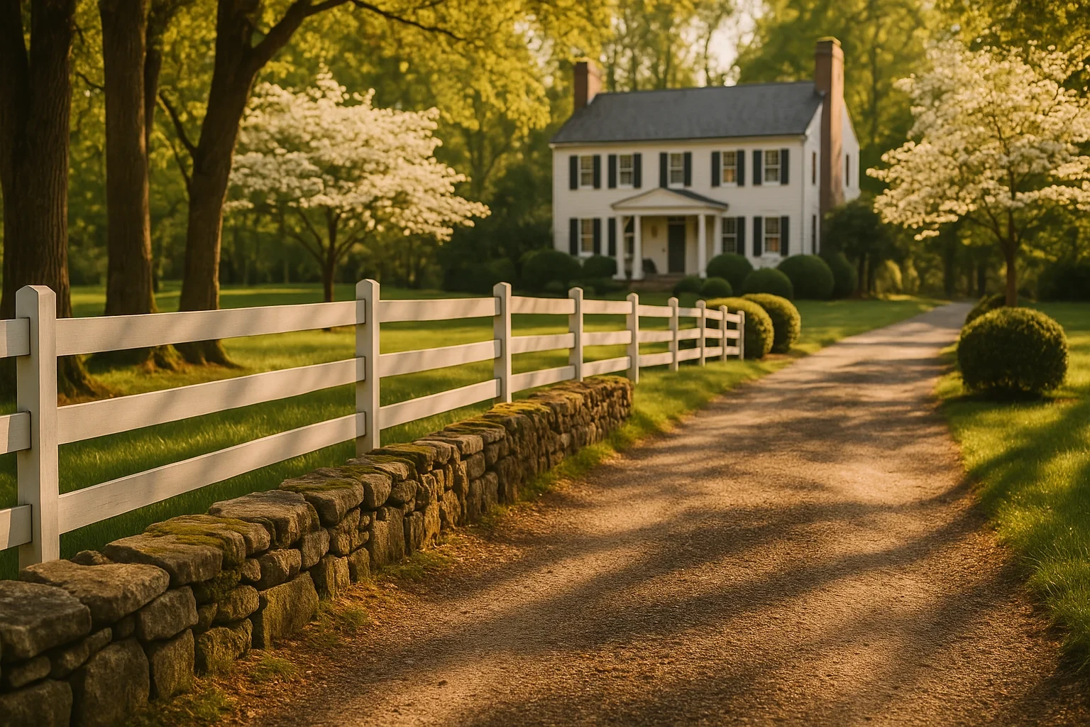 Historic white colonial home with black shutters, white rail fence and stone wall along driveway in Dranesville