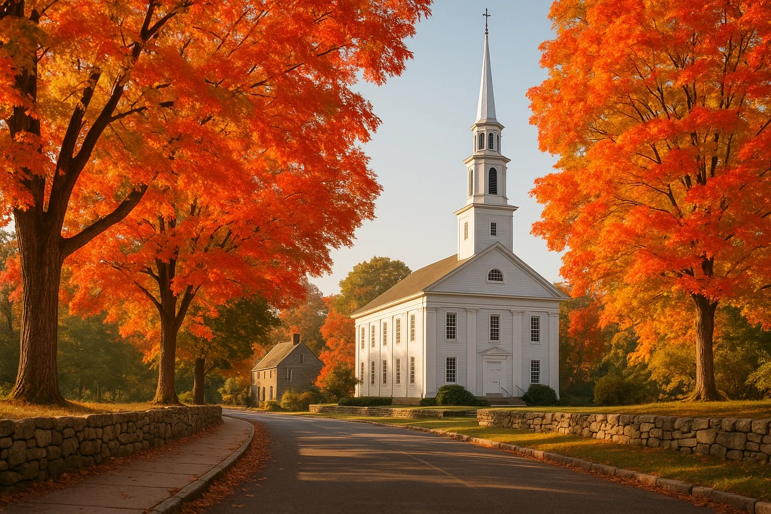 Historic white steepled church framed by vibrant orange autumn maples along a quiet Kensington road.