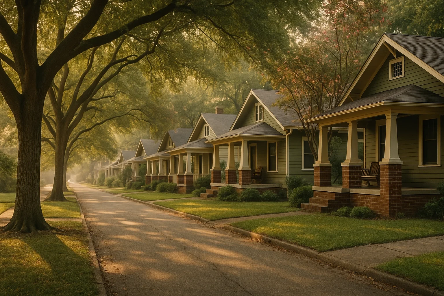 Tree-lined street of craftsman bungalows with covered porches in a quiet Hopewell neighborhood at golden hour