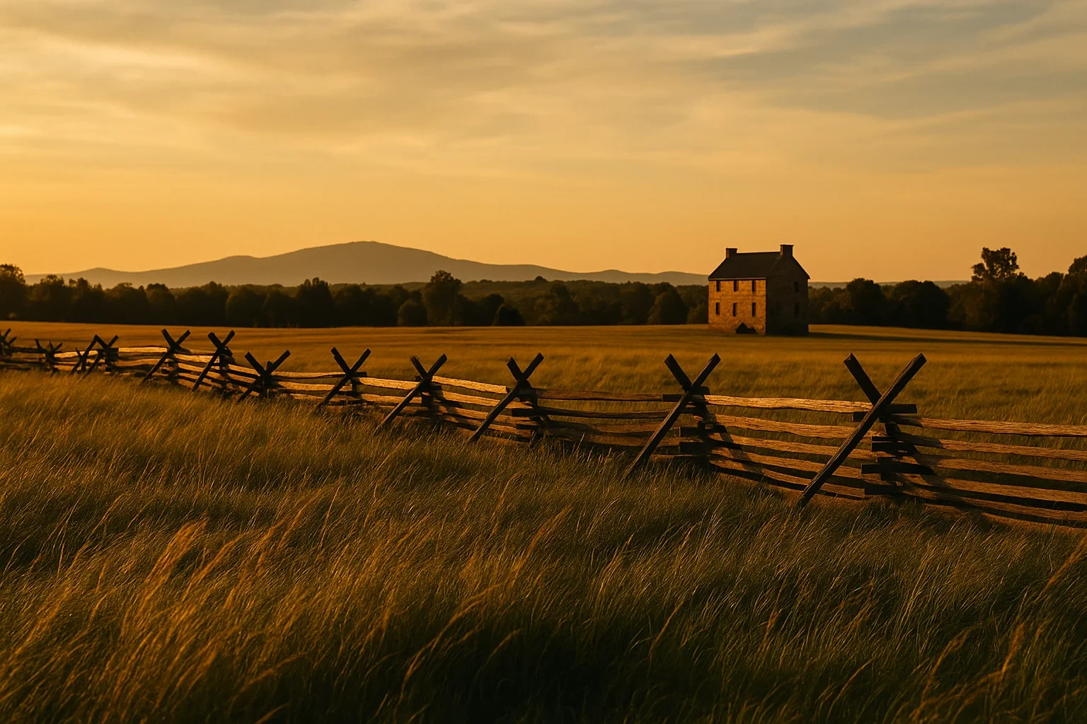 Historic stone house and split-rail fence in golden sunset field with distant mountains near Centreville