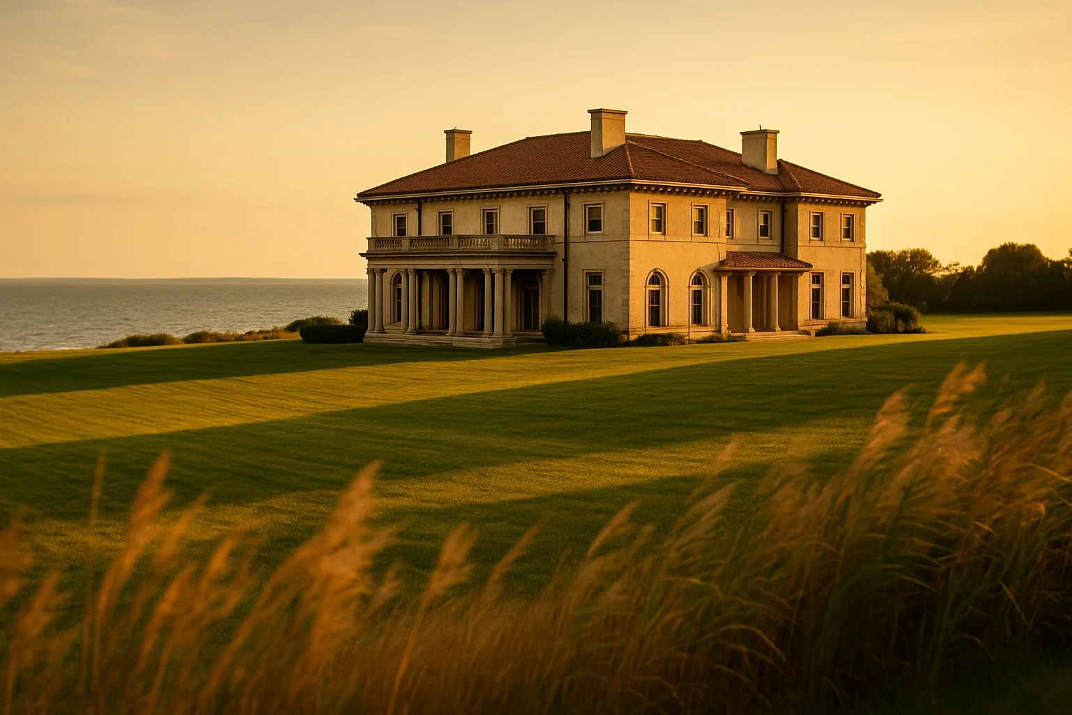 Elegant coastal mansion with columned portico overlooking the ocean at golden hour in Waterford