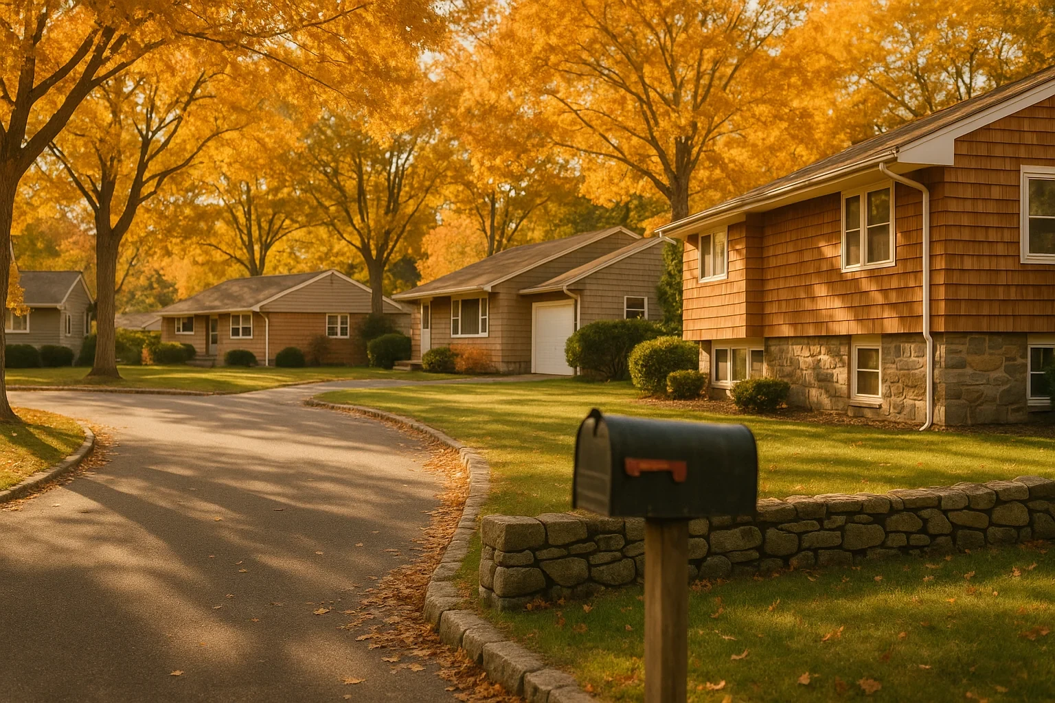 Autumn-lined residential street in Conning Towers Nautilus Park with cedar-shingled homes, golden trees, stone wall, and mailbox.