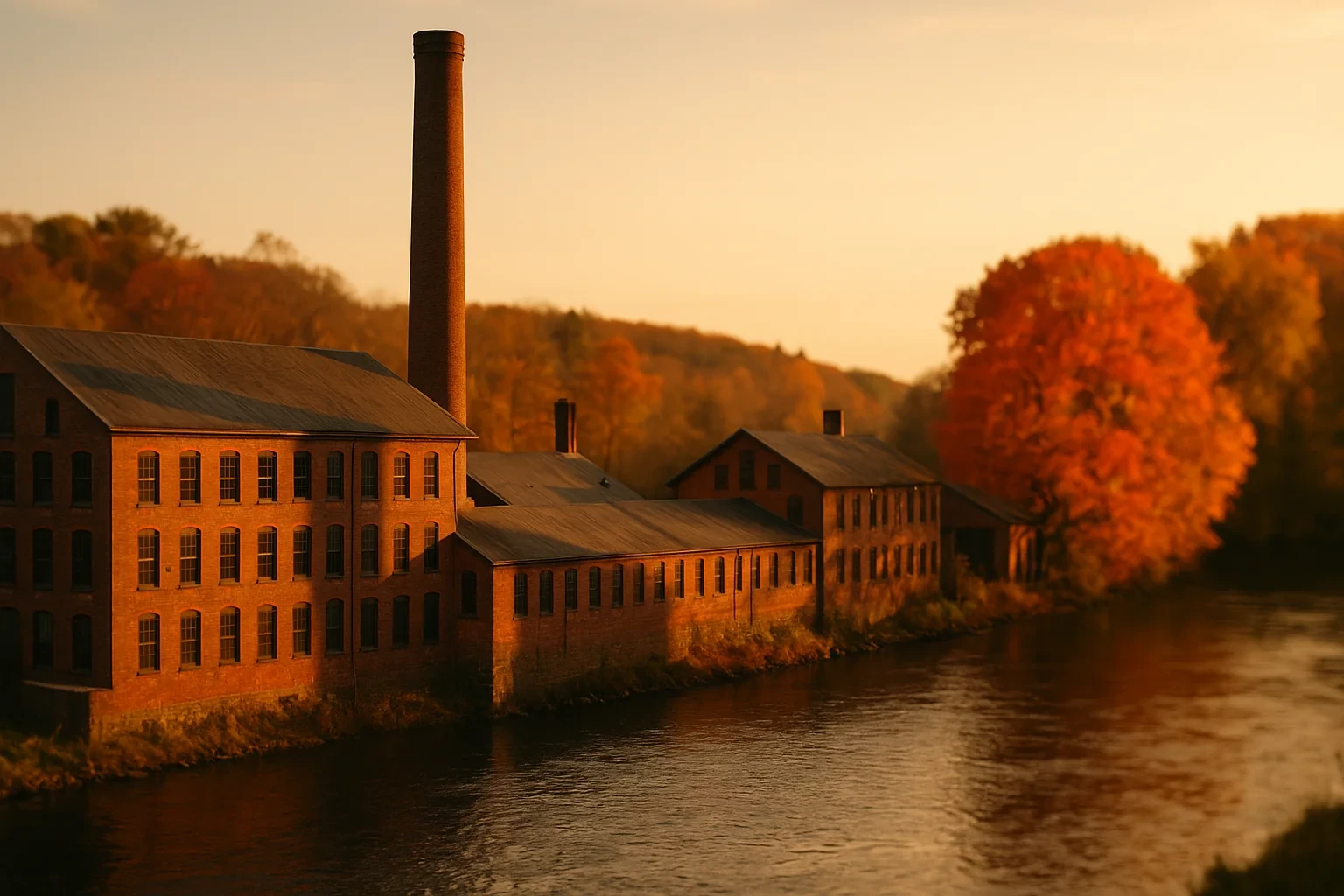 Historic brick mill buildings with tall smokestack along a river at sunset in Collinsville during autumn