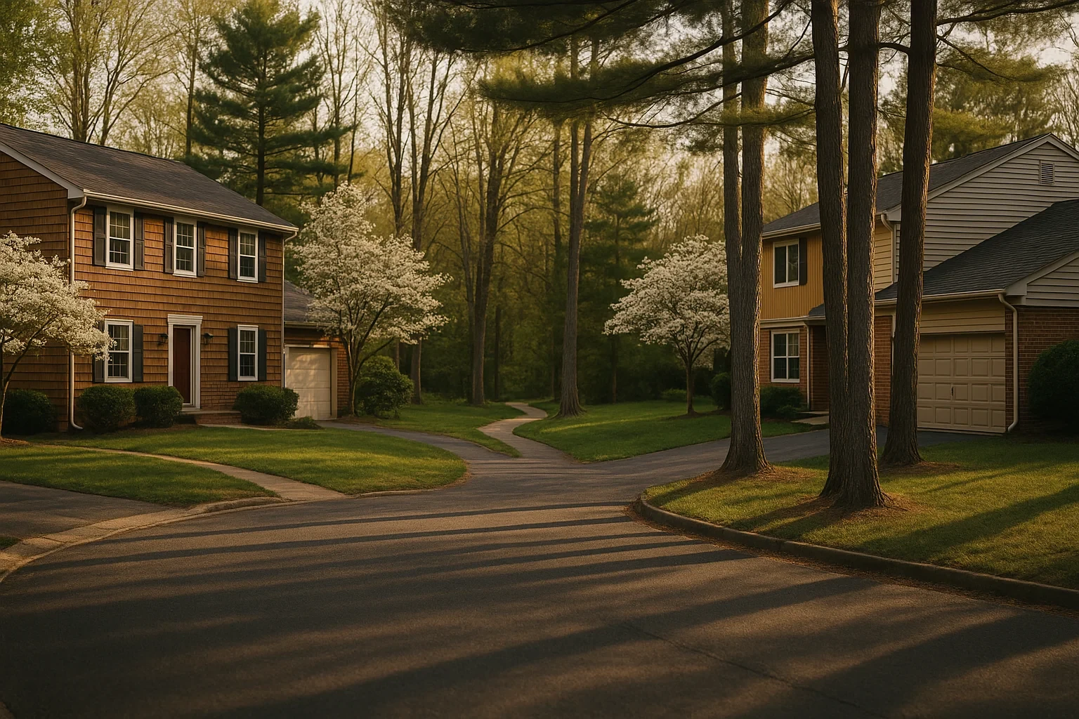 Quiet suburban Sugarland Run neighborhood with two-story homes, dogwood trees in bloom, and a winding road at sunset.