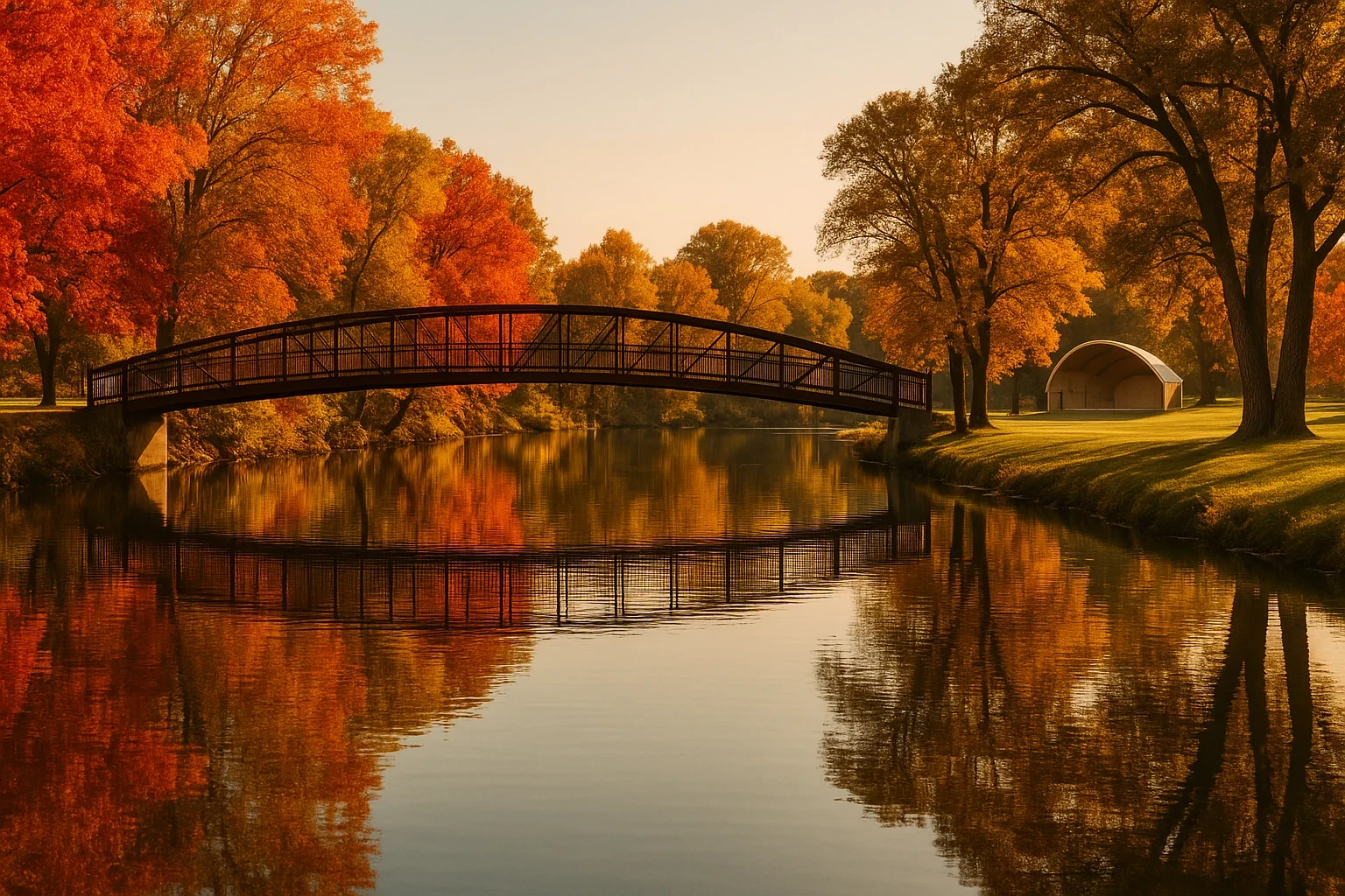 Arched footbridge over a calm river framed by vibrant autumn trees and a pavilion in Sterling Heights