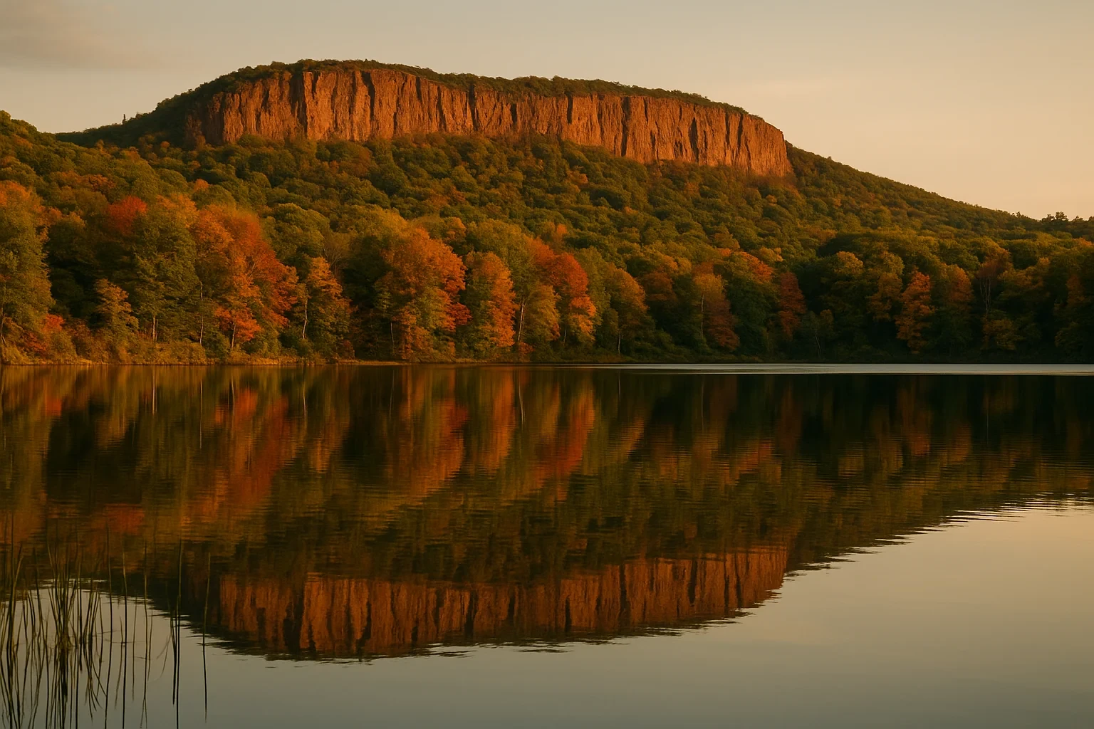Scenic Kensington cliff with autumn foliage reflecting on a calm lake at golden hour sunset.