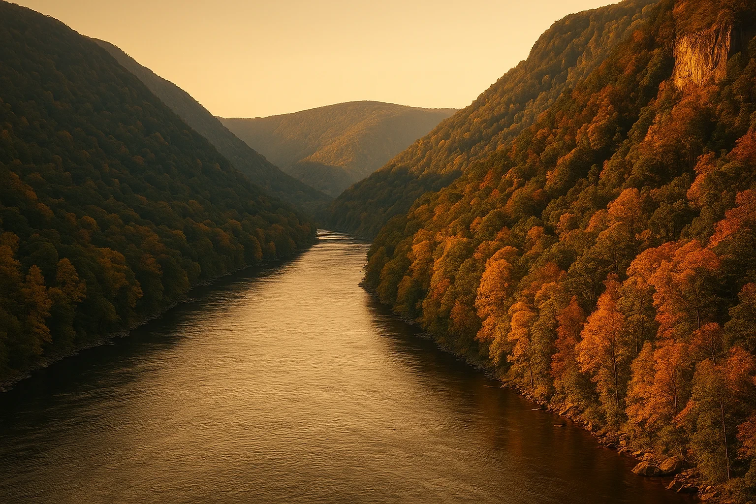 Scenic river winding through forested mountains with autumn foliage at sunset near Narrows