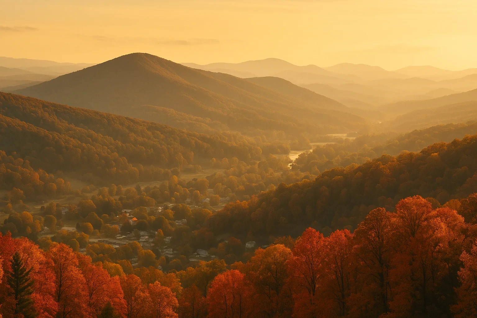 Golden sunset over misty Appalachian mountains and autumn foliage in a valley near Pulaski.