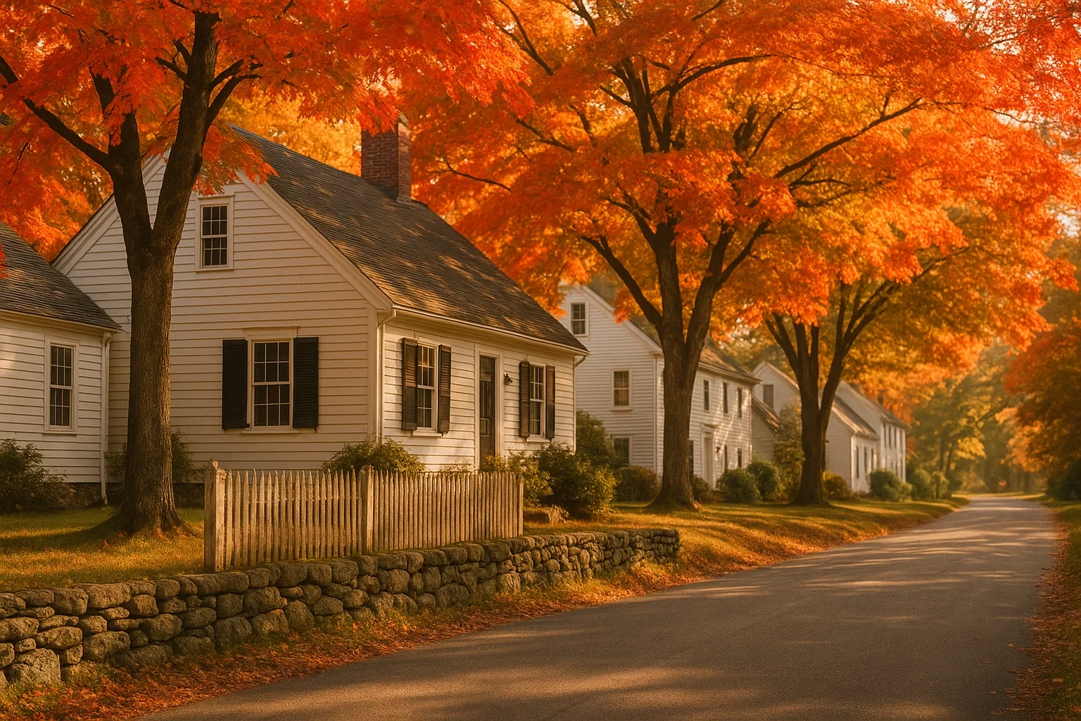 Charming white New England homes lined by vibrant autumn maple trees along a quiet Shelton street.