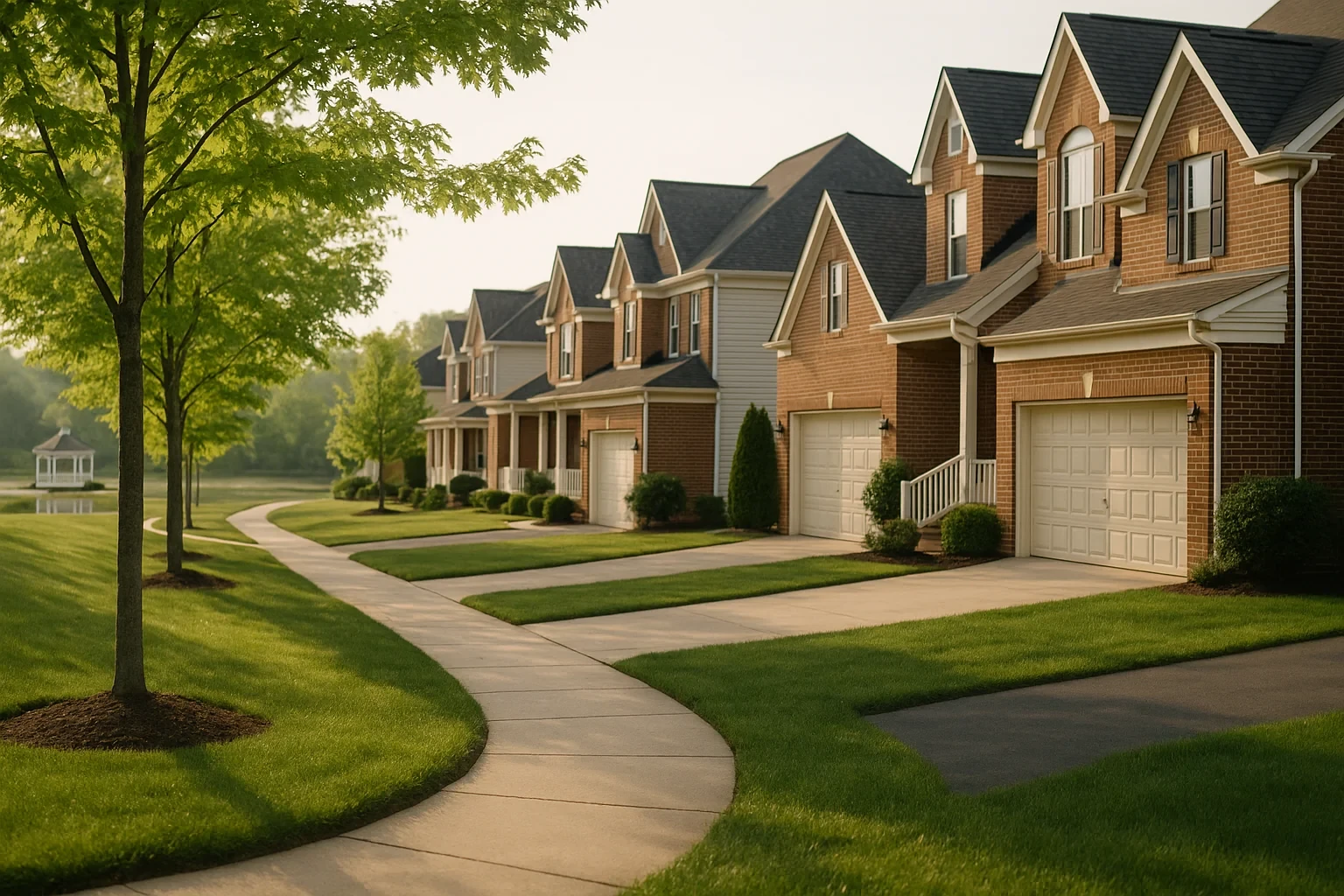 Row of brick two-story homes with attached garages and manicured lawns in a South Riding neighborhood